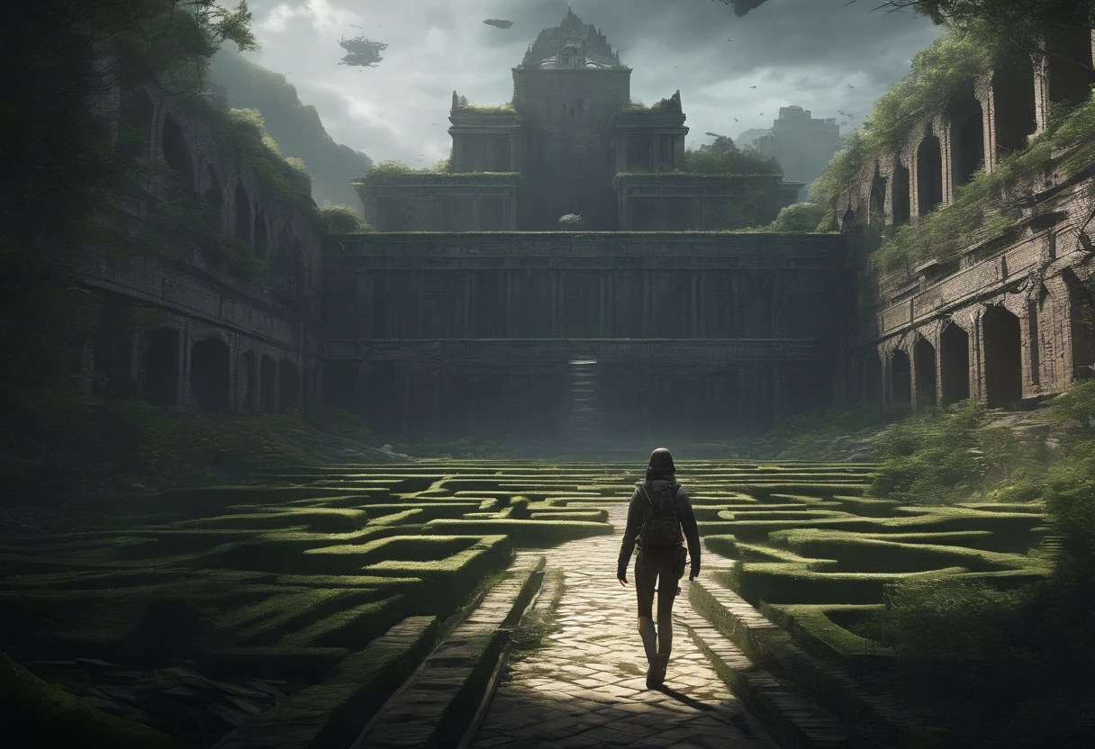 (best quality,highres),detailed,realistic,mystery,adventure,thrilling action,beautiful landscape,sci-fi,mystical atmosphere,impressive visual effects,mesmerizing,enchanted world,a girl exploring the maze,mind-bending twists,maze walls covered with lush greenery,vibrant colors,ominous shadows,impressive scale and depth,complex puzzles,exhilarating chase scenes,running for survival,heart-pounding suspense,treacherous paths and dead-ends,mysterious creatures lurking in the maze,heroic determination,shifting perspectives,nerve-wracking tension,game-changing secrets hidden within the maze,dangerous traps and obstacles,unforgettable climax,cinematic masterpiece.