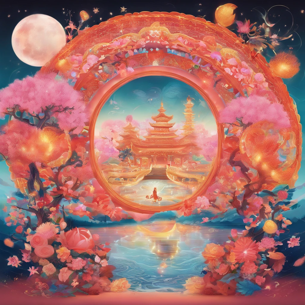 Mid-Autumn Festival, A round moon, the night, (Moon cake), teas, the fruits, edgBunny, Chang'e rushes to the moon, symmetry, high detail, Romanticism, sparkle, god rays, ray tracing, UHD, retina, masterpiece, ccurate, super detail, high details, high quality, best quality, highres, 16k, anatomically correct