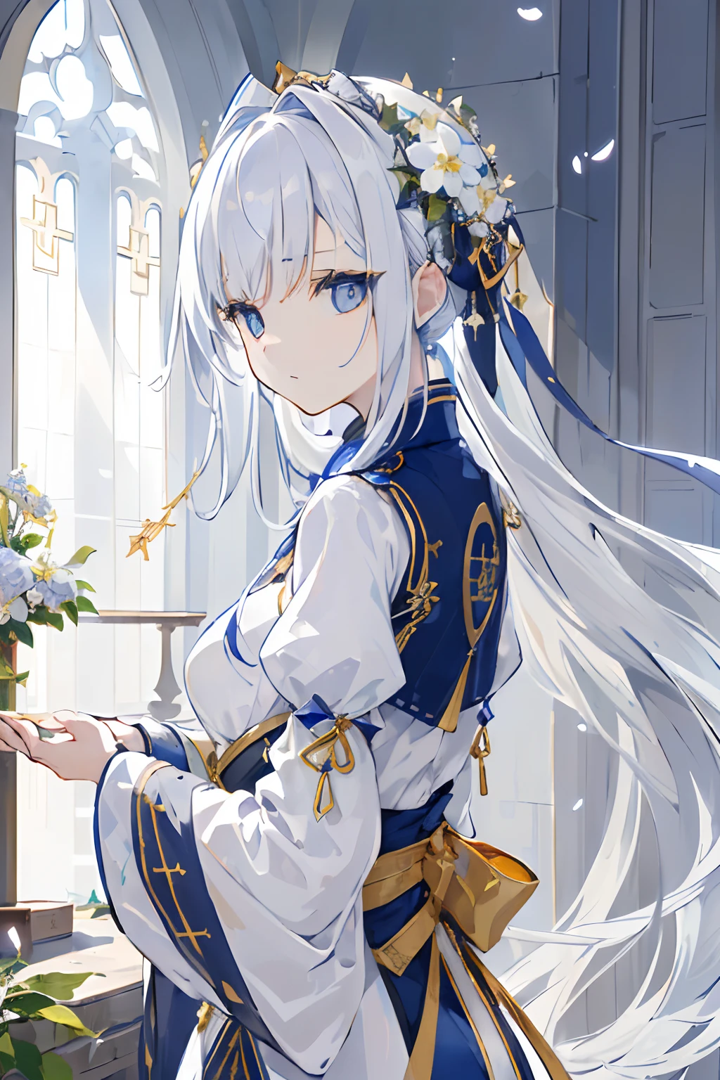 (masuter piece, Best Quality, hight resolution:1.4), European Girl,portlate,Eyes of Gold,Blue-white hair,Floating hair,Delicate and flexible eyes,intricate damask hanfu,Luxury accessories,Architecture of medieval Europe,flower petals flying,Frontal portrait shot,Sunlight,Dagger decoration