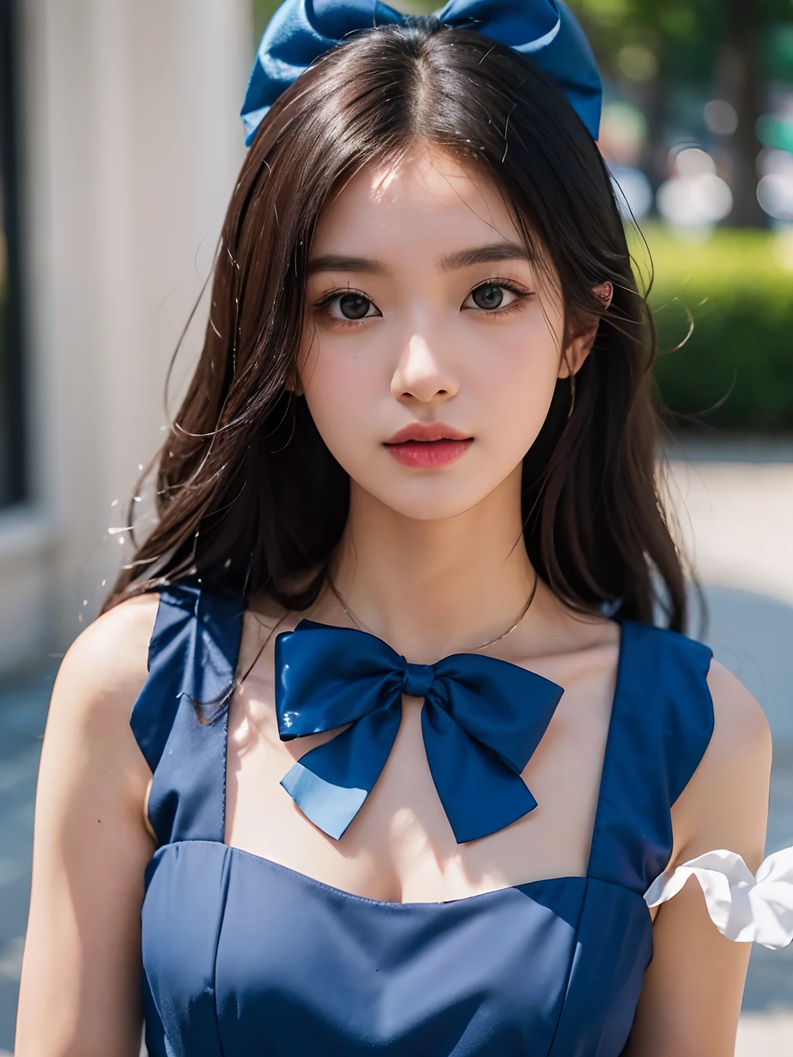 arafed woman with a blue bow and a blue dress, portrait of jossi of blackpink, captured on canon eos r 6, shot on nikon z9, shot on canon eos r 5, shot on canon eos r5, taken with canon eos 5 d mark iv, very pretty face, anime thai girl, soft portrait shot 8 k, clouse up face portrait