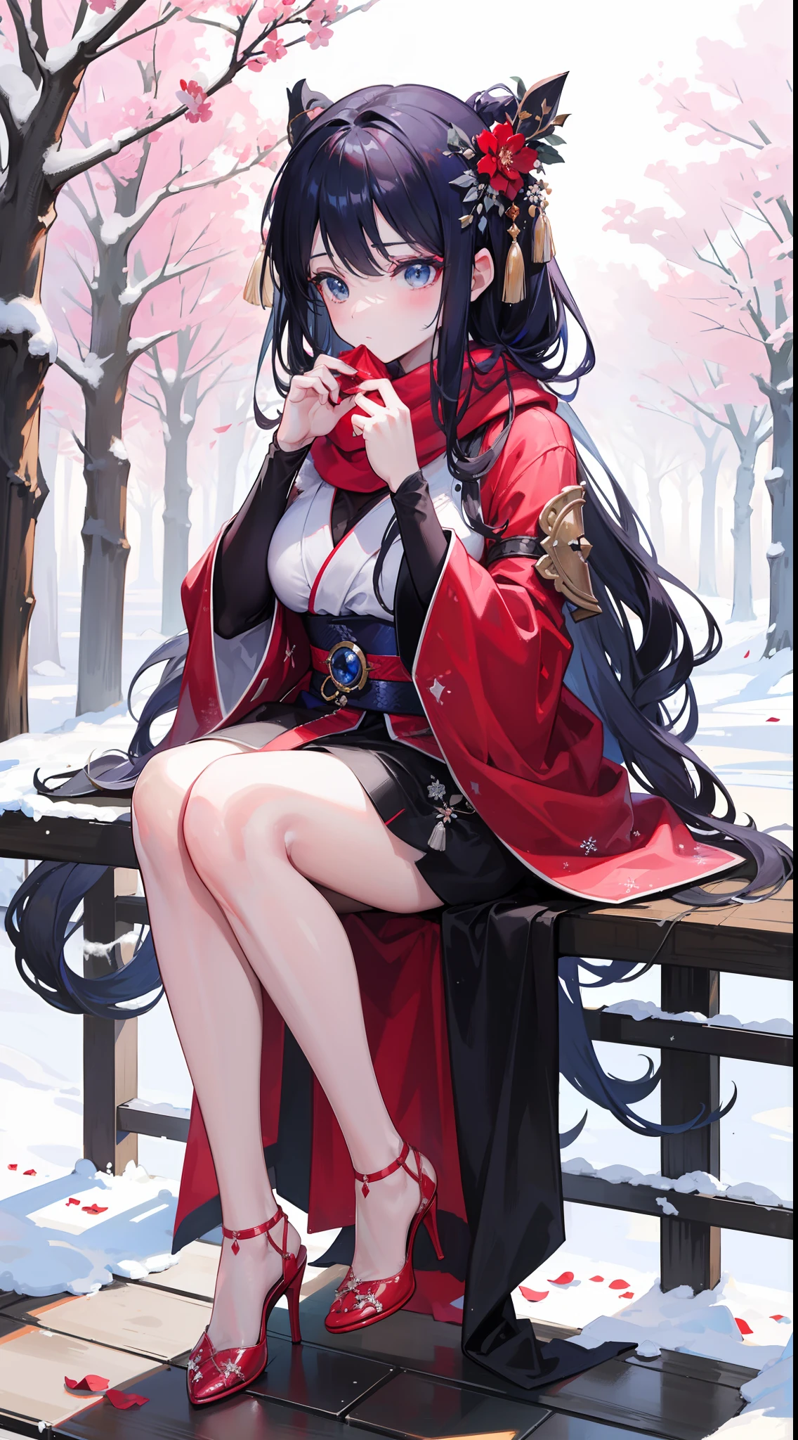 A peerless beauty，Beautiful facial features，putting makeup on，Blushlush，（cabelos preto e longos，White down jacket，Red scarf），high-heels，（Fuyuhime love song，plane trees，Snowflakes flying，White snow），Realiy，modern day，Portrait photo，Get close to the lens，depth of fields，stand posture