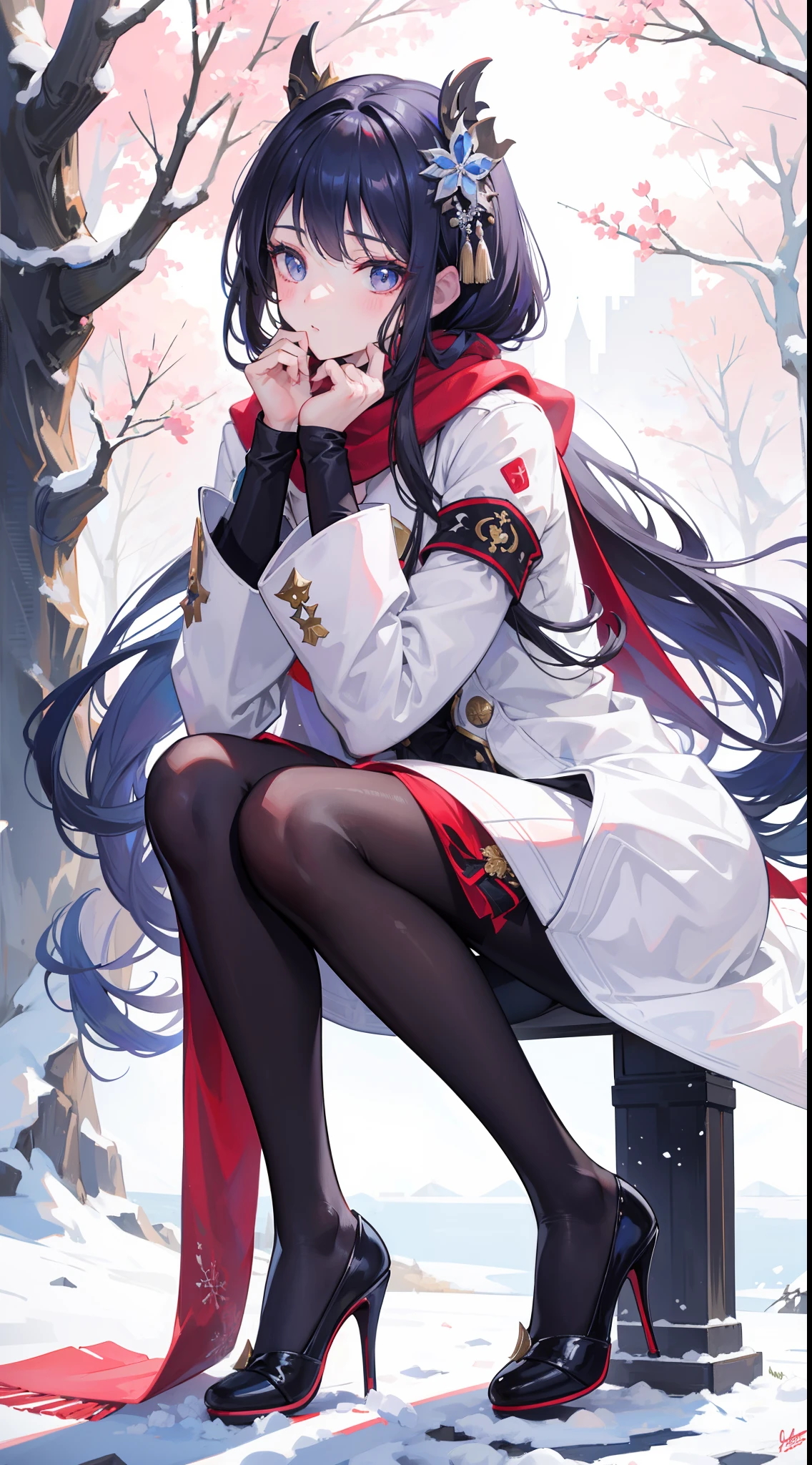 A peerless beauty,Beautiful facial features,putting makeup on,Blushlush,(cabelos preto e longos,White down jacket,Red scarf),high-heels,(Fuyuhime love song,plane trees,Snowflakes flying,White snow),Realiy,modern day,Portrait photo,Get close to the lens,depth of fields,stand posture