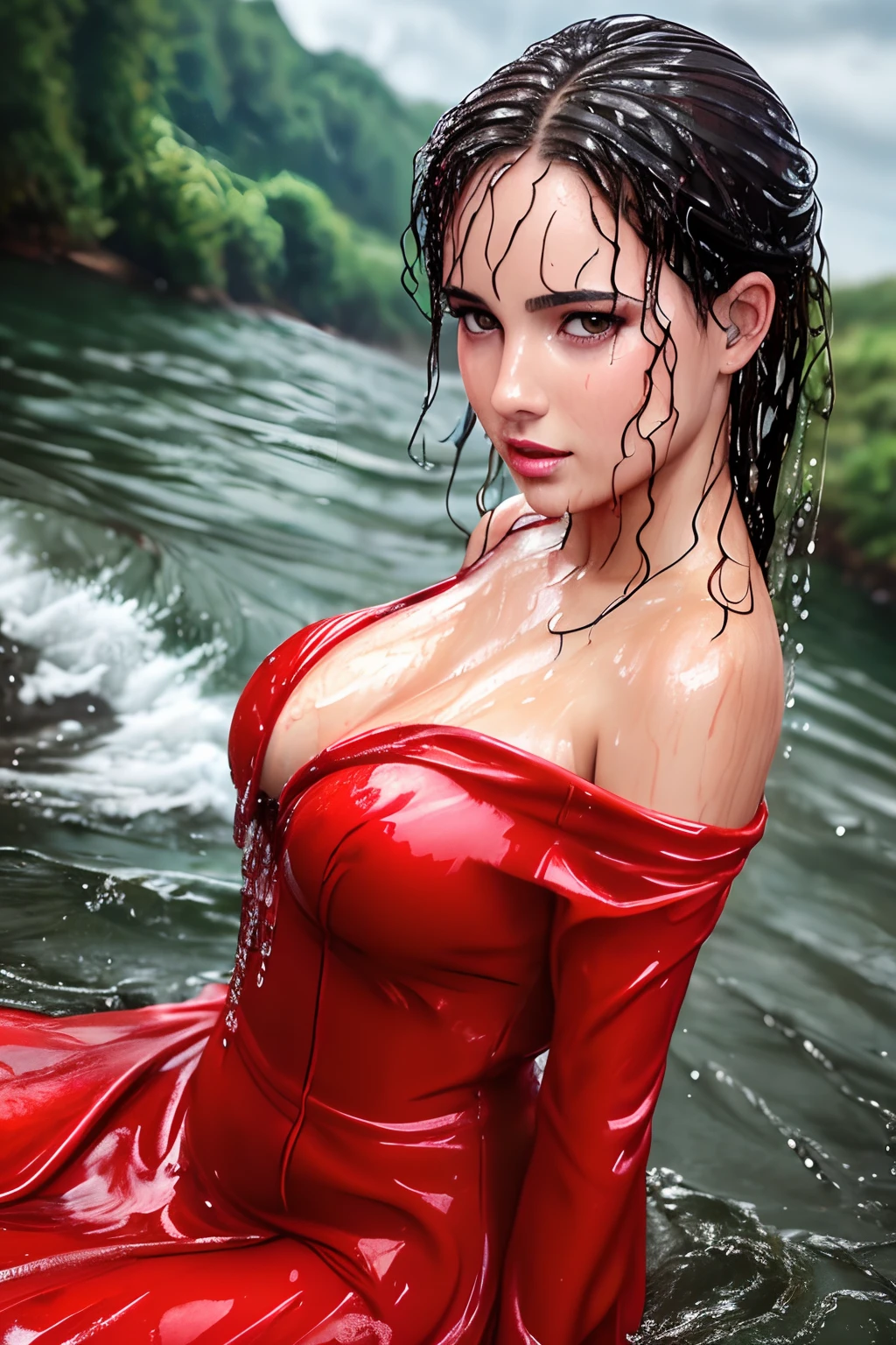 woman in a red dress is sitting in the water, long sleeves, closeup fantasy with water magic, beautiful maiden, wearing a dress made of water, cleavage, realistic oil painting, dripping wet, in water up to her shoulders, beautiful realistic painting, nymph in the water, hyperrealist portrait in a river, hyperrealistic fantasy art, splashing, realistic fantasy painting, cute shot, narrow depth of field, 8k, nsfw, drenched, ((soaked)), dripping water, dripping oil, heavy clothes, soaked in oil, wet all over, rouge lipstick, wet dripping hair,