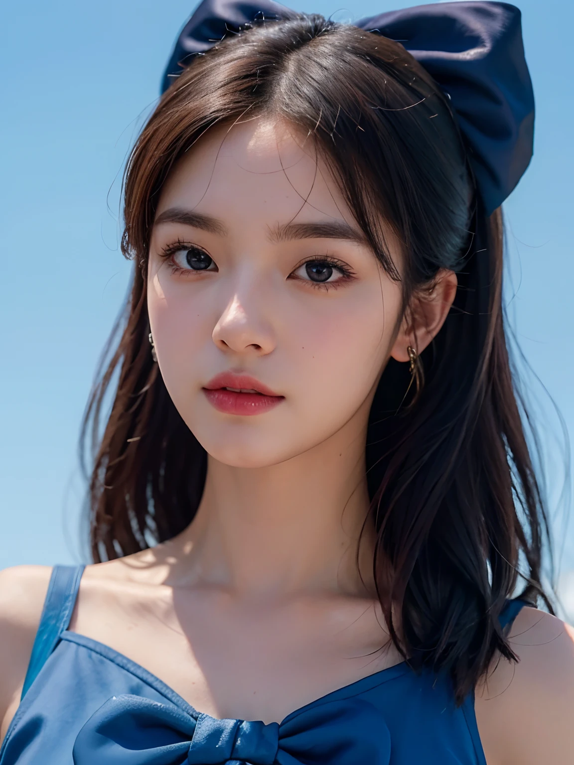Only draw the head,Pool,Focus:1.2, perfect figure beautiful woman:1.4,,Best face quality, Ultra-high facial detail,Ultra-high pupil detail,slimfigure,ssmile,Smaller bust,Single horsetail,