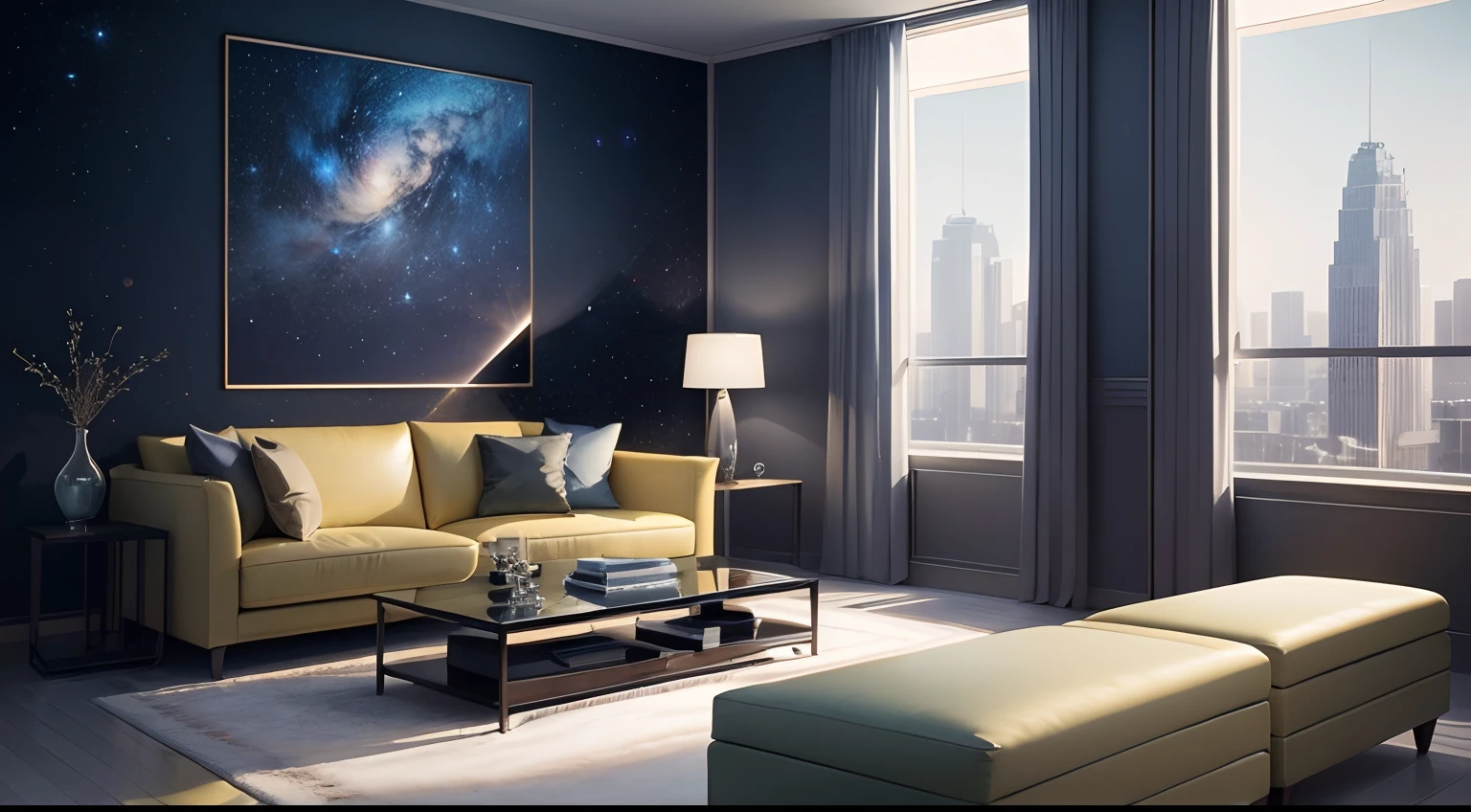 tmasterpiece,best qualtiy,((best qualtiy)),(tmasterpiece),(realisticlying)The living room is a space inhabited by aliens,Aliens sitting on couches,Full of mystery and sci-fi elements。The walls are made of translucent material,Through the walls, You can see the starry sky and cosmic scenes outside。The furniture is beautiful,Very simple,heavy diverse colors,Complements the aliens' sense of technology。