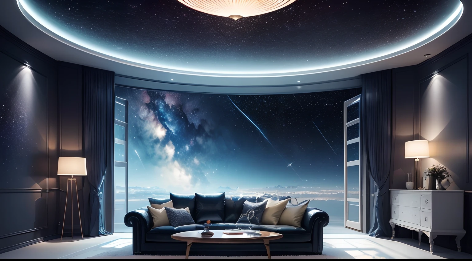 tmasterpiece,best qualtiy,((best qualtiy)),(tmasterpiece),(realisticlying)The living room is a space inhabited by aliens,Aliens sitting on couches,Full of mystery and sci-fi elements。The walls are made of translucent material,Through the walls, You can see the starry sky and cosmic scenes outside。The furniture is beautiful,Very simple,heavy diverse colors,Complements the aliens' sense of technology。