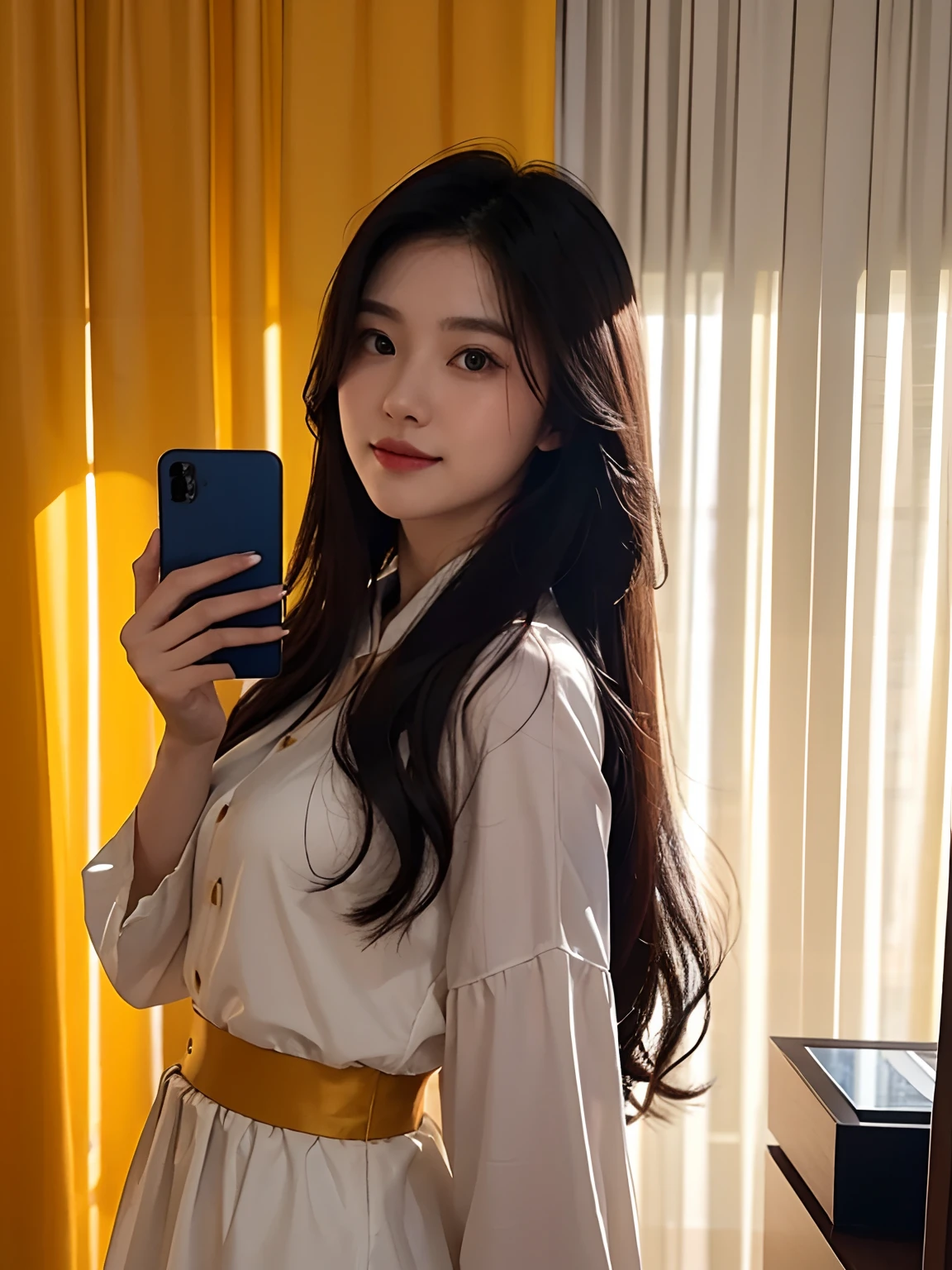 there is a woman that is taking a selfie in front of a curtain, mai anh tran, dang my linh, nivanh chanthara, with long hair, headshot profile picture, hoang long ly, professional profile picture, dao trong le, profile image, 2 1 years old, 2 2 years old, ruan cute vtuber