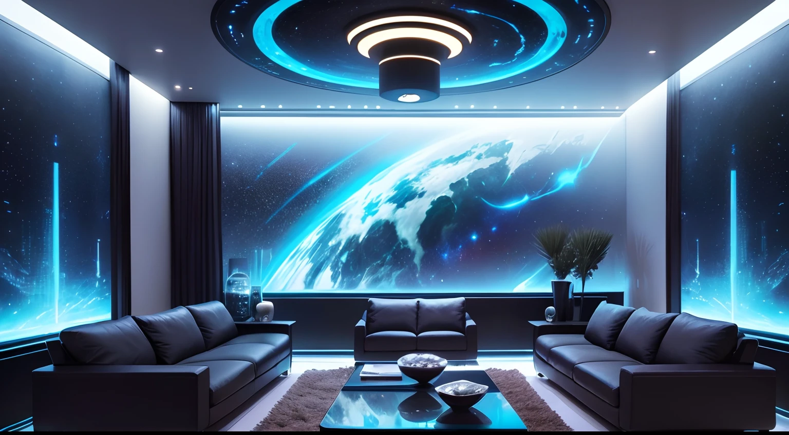 The living room is a private chat space inhabited by aliens,Full of mystery and sci-fi elements。The walls are made of translucent material,Through the walls, You can see the starry sky and cosmic scenes outside。The furniture is beautiful,Very simple,heavy diverse colors,Complements the aliens' sense of technology。