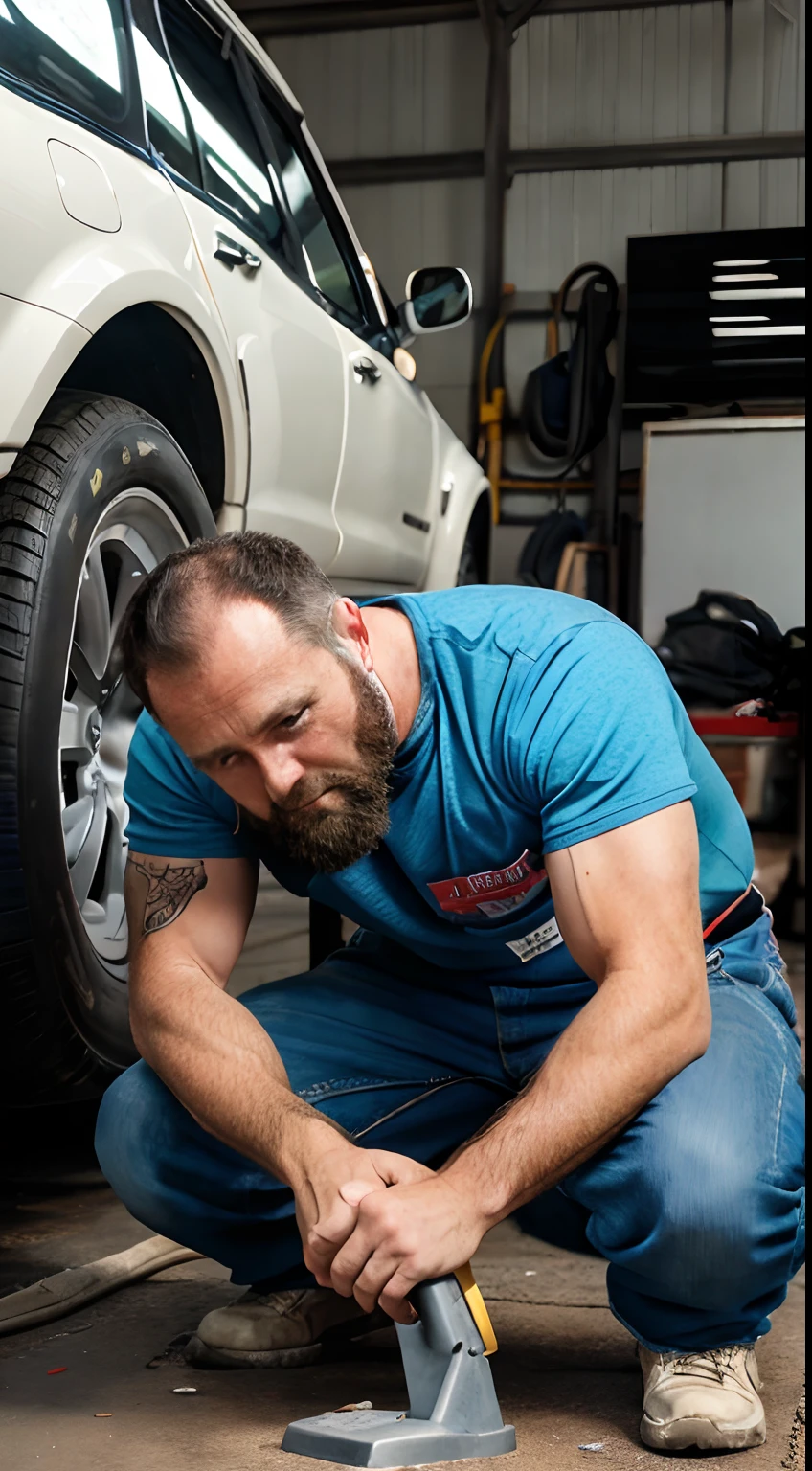 A 40-year-old American man,Beard,Bend down to polish a car with a sanding machine in hand,Surrounded by auto repair shop background,hyper realisitc,hyper HD,