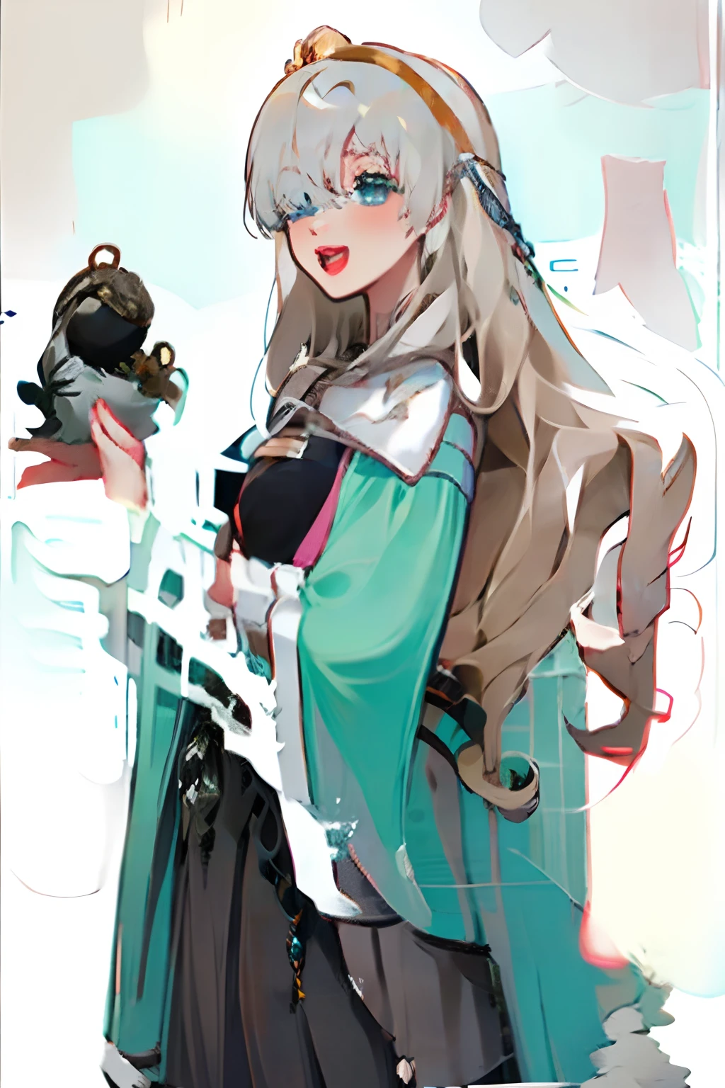 anastasia, blue eyes, gray hair, hair between the eyes, (hair over one eye: 1.5), long hair, bangs, hair band, cape, brown hair band, wide sleeves, female religious clothing, wide sleeves, fur ornaments, tachi-e, royal robe, white dress, white veil, white nun's habit Hash, revealing clothing, white thigh-high stockings, nimi red panties, white high heels, smile, open mouth, smiling, body view whole,