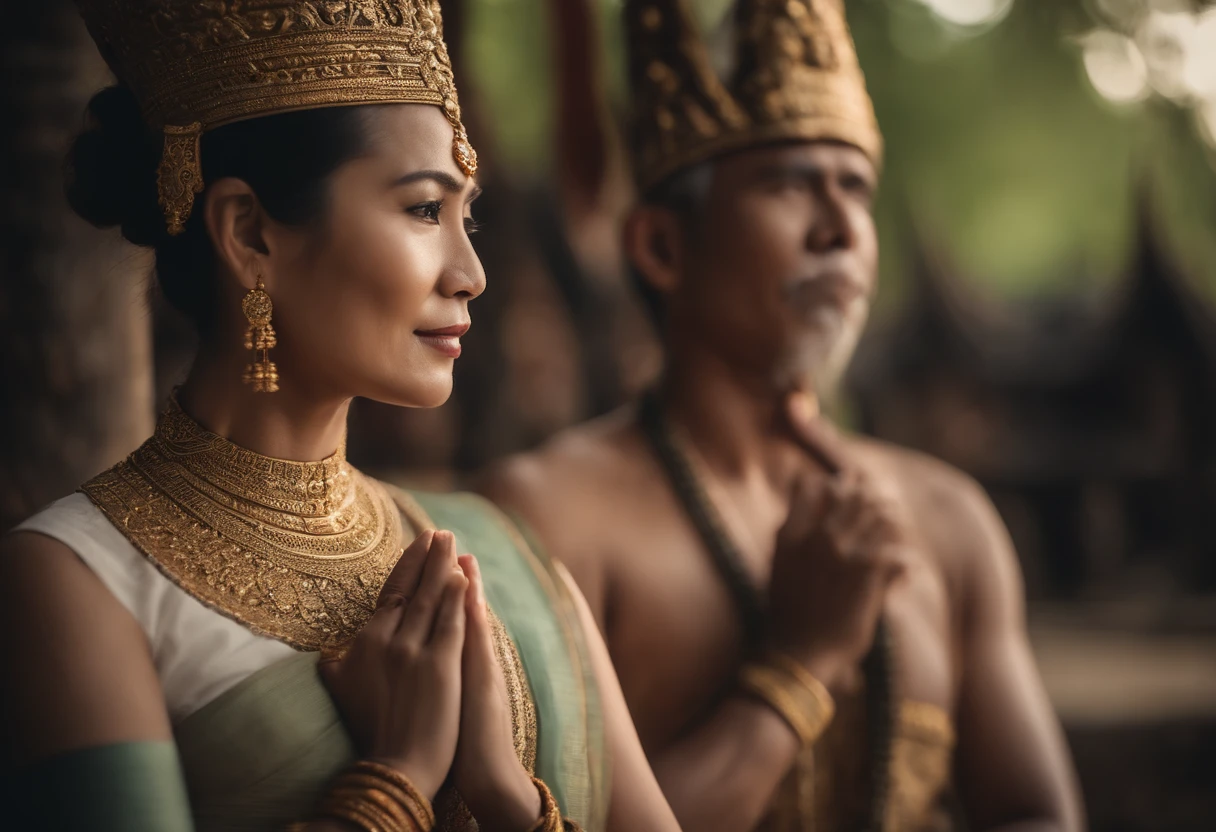 Close-up of husband and wife not wearing jewelry, Ancient Thai, Thai costume, traditional clothes, Ayutthaya dress