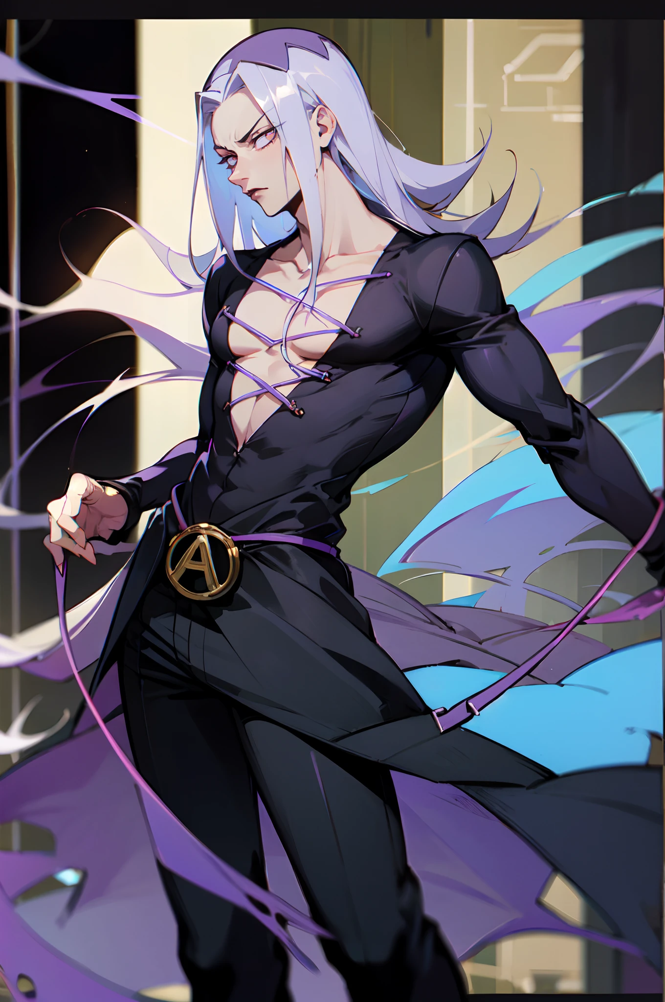 Leone Abbacchio, Abbacchio, white hair, long hair, black pants, black shoes, purple chest wiring, purple eye, yellow eye, 1boy, solo, male focus, cowboy shot
