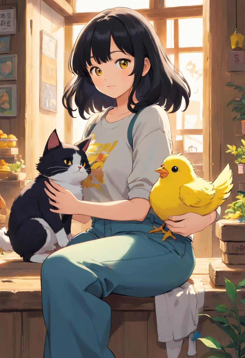 Girl with black hair and bangs with baggy pants listening to music along with her black and white cat and holding a yellow chicken puppy, big breasts