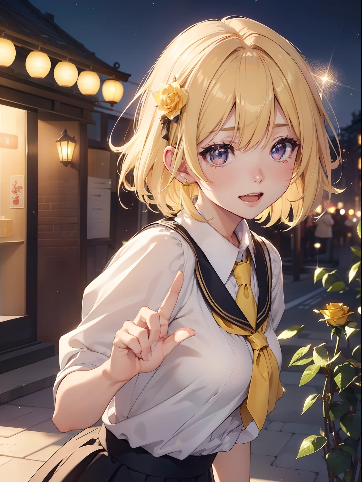 masutepiece, High resolution, 8K, anime woman, Delicate and detailed writing 、Detailed digital illustration、Short hair、perm、Shiny hair、Bangs、a very beautiful woman、Eyes are double, Large, Bust is D cup、High image quality, High quality、Detailed background、((Night school background))、The inside of the eye shines like a diamond、Light yellow hair、Gradient pupil、(((2 arms、4 fingers, 1 thumb)))、Detailed female face、Very beautiful and cute woman、、细致背景、masterpiece、Soft Focus , Bright gradient watercolor , Lens Flare , (((Glitter))) , Glow , Dreamy , Yellow Ribbon、((Very beautiful yellow rose hair accessories))、((Straight at the angle of the front))、(School Uniforms:1.2)、Laughing with open mouth