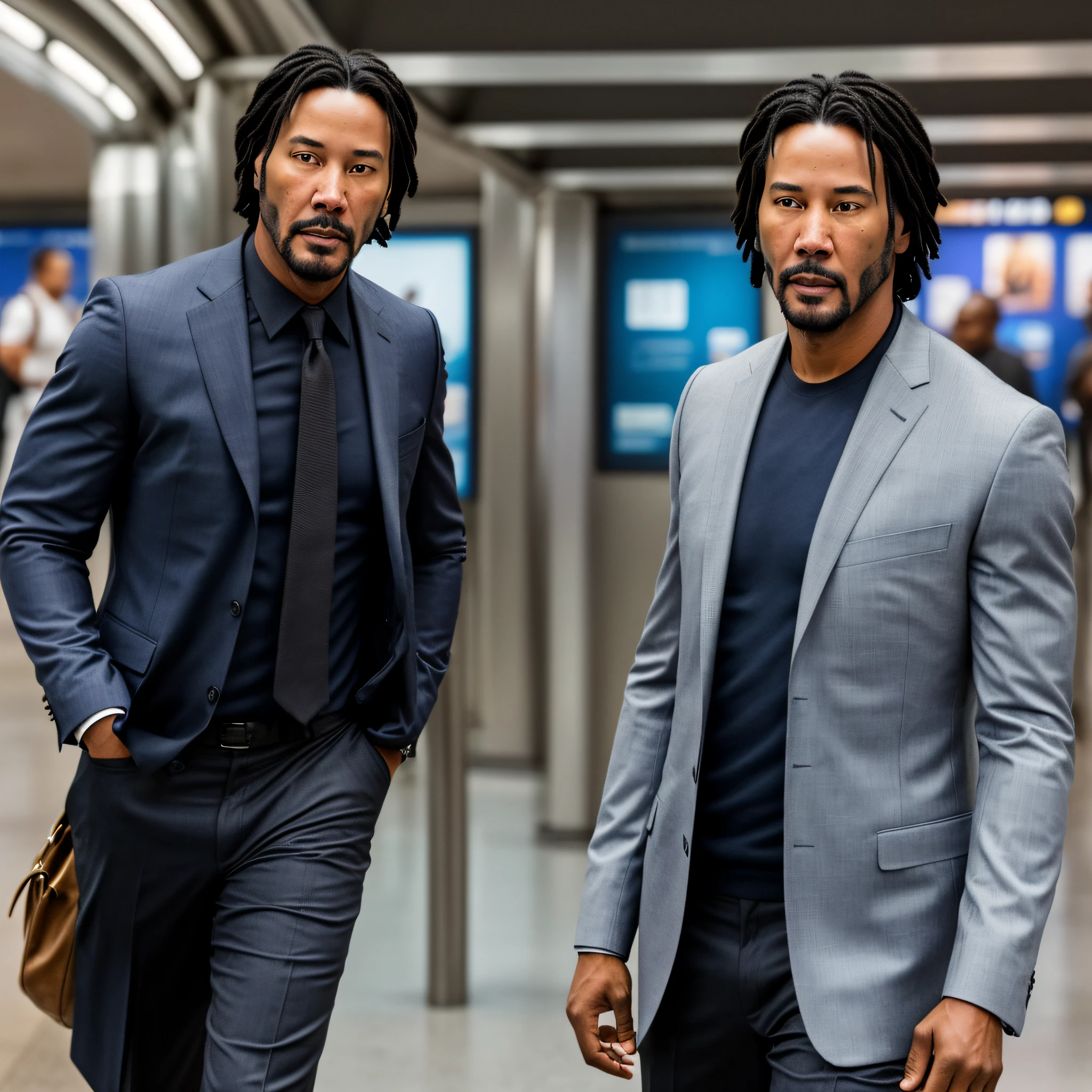 An African-American man in his 30s looks a lot like Keanu Reeves with brown skin, Short Hair Hair, Expressive blue eyes, walks along the gallery of the metro station, Feature photo, Maximum realism, Professional photo, hiquality, hight resolution, higly detailed