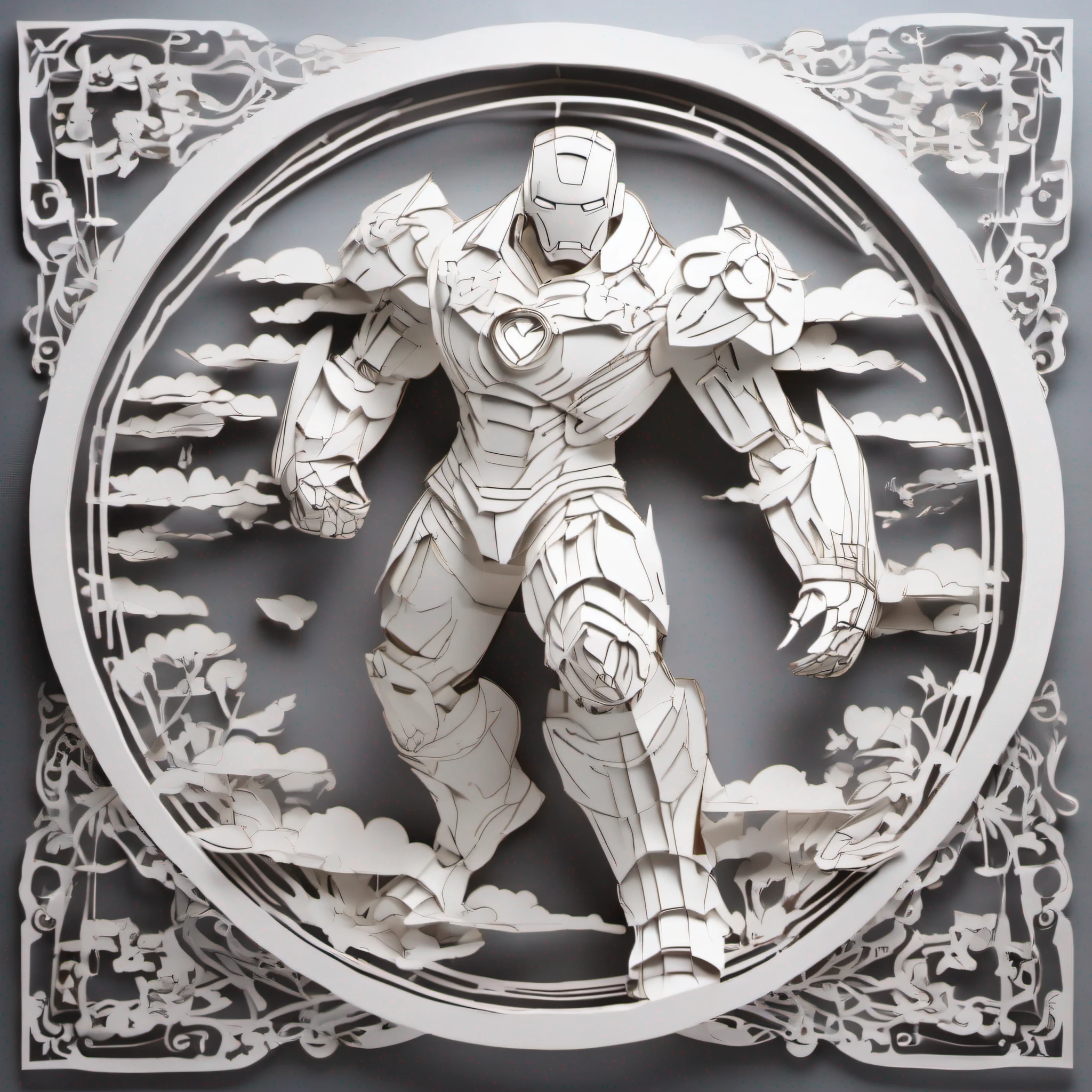 paper cut Iron Man, paper cutout, majestic paper-cut craft, Auspicious clouds, white colors, Round outer ring, books