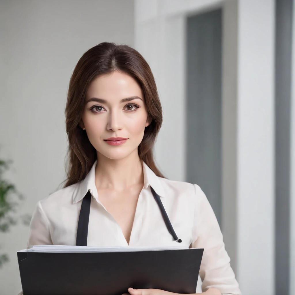 A fair-skinned woman in her 40s with a slim figure and round black eyes, dressed in an office uniform, expertly folding files, exuding an alluring gaze. Her luscious brunette hair falls gracefully around her face. The white background enhances her features and brings focus to her round face.