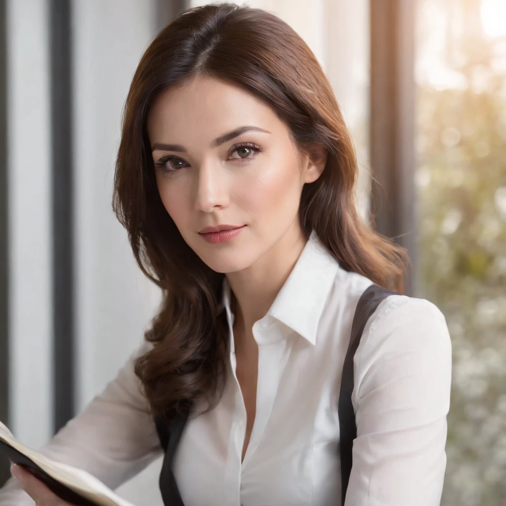 A fair-skinned woman in her 40s with a slim figure and round black eyes, dressed in an office uniform, expertly folding files, exuding an alluring gaze. Her luscious brunette hair falls gracefully around her face. The white background enhances her features and brings focus to her round face.