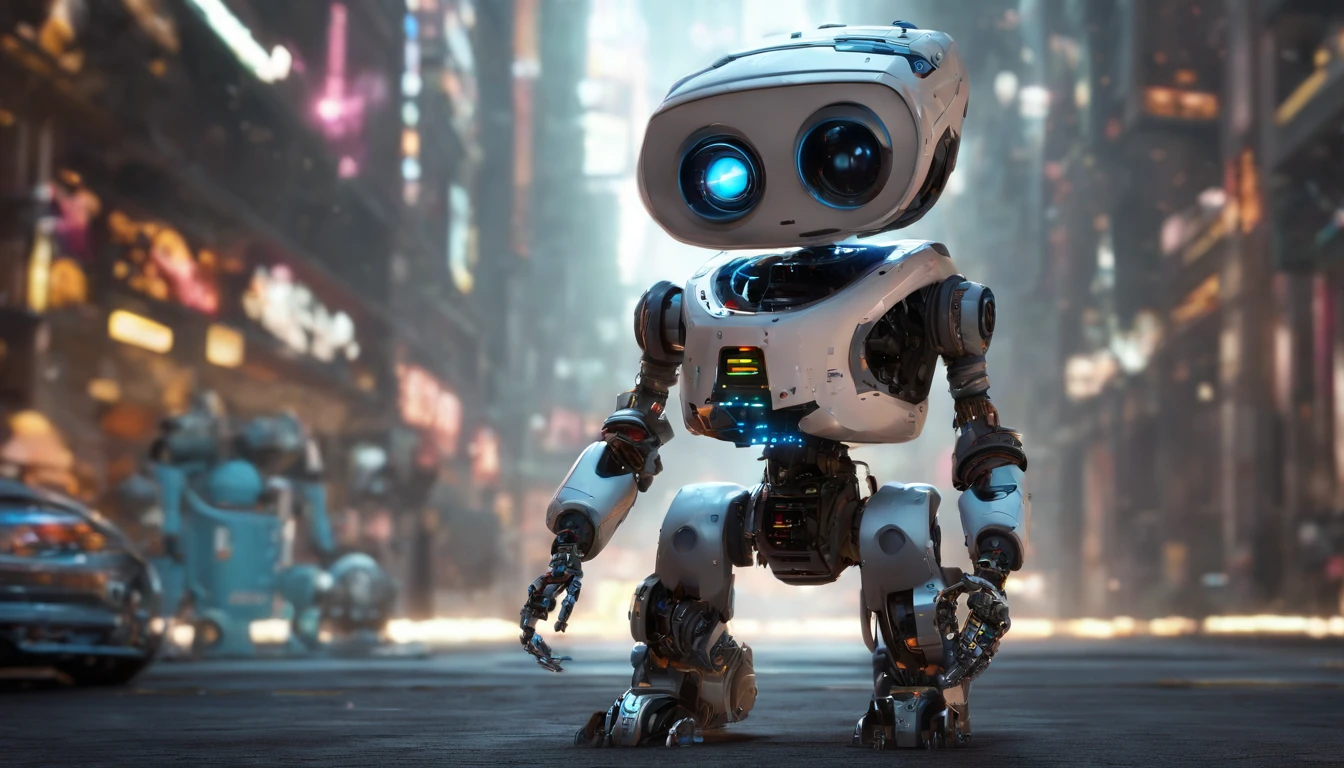 wide vision, ultra realista, altamente detalhado, pintura digital, arte conceitual, suave, foco nítido, tiro grande angular , Wall-E , babysitter, cute , with a cute baby , There is a cute robot standing in the future city play with a cute baby, which is a very cute robot, cute elaborate epic robot, beautiful robot character design, ??? Robot, Portrait of a futuristic robot, robotic mixed with organic, Future Robot, humanoid character, concept robot, White Robot, robot concept art, Steampunk Robot ,wall-E, masterpiece,extreme detailed,top quality