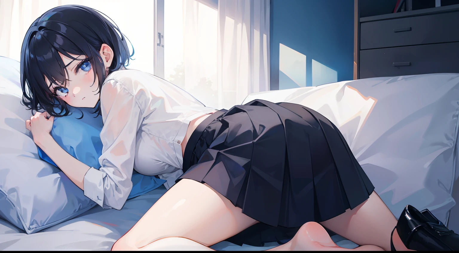 1girl, black short hair, eyes blue, Wear a blue skirt, Bedroom, on the bed, absurdres, high-resolution, ultra sharp, 8k, 巨作, looking at the scenes, from back, Death