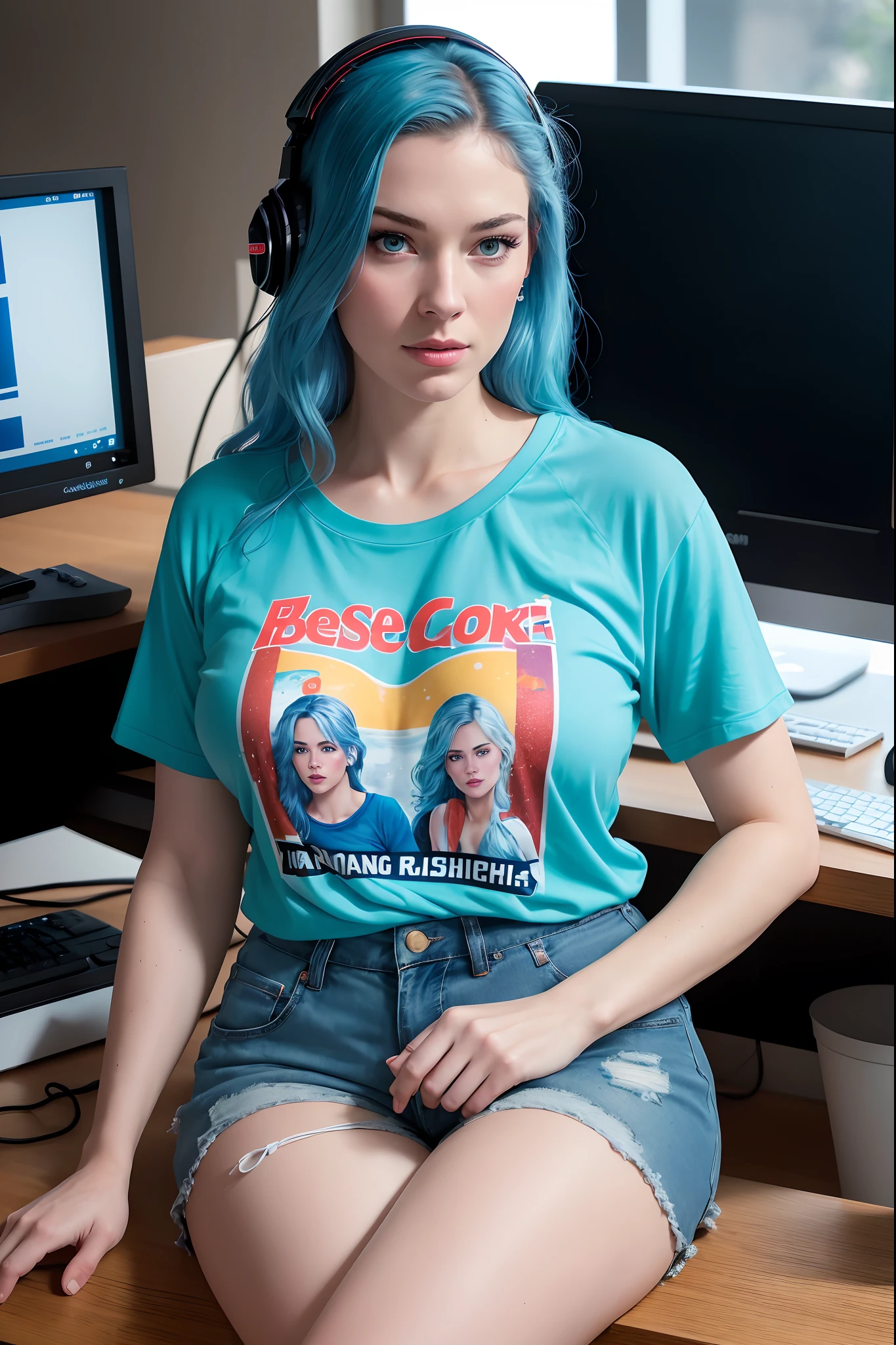 ((Masterpiece)), ((highest resolution)), a beautiful 30 year old female gamer (Julia Burch:Alyssa Sutherland:0.9), (((detailed skin texture))), ((natural skin)), (high detail face), (blue hair), (pale skin), curvy body, (high detail plunging loose tshirt(with printed cartoon image)), (jean shorts), looking at the camera, sitting at computer desk, gaming, headset, widescreen,(masterpiece), (perfect proportion), (realistic photo), (best quality), (detailed), shot on a Canon EOS R5, 50mm lens, F/2.8, HDR, (8k), (wallpaper), (cinematic lighting), (dramatic lighting), (sharp focus), (intricate), RAW photo, posing for camera, 8k uhd, dslr, high quality, film grain, by Arny Freytag