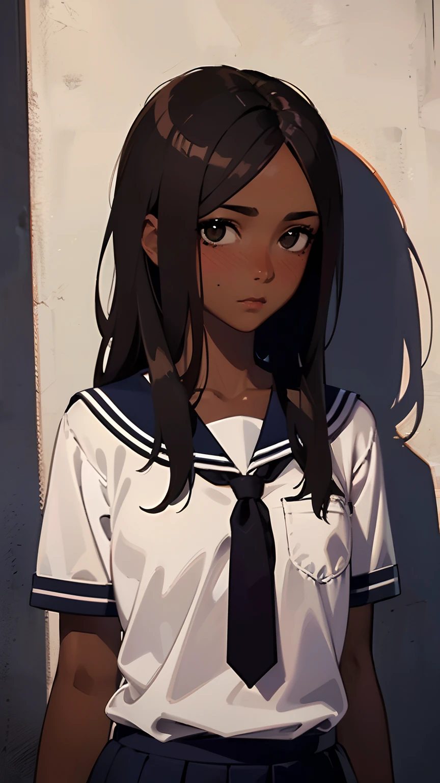 1 girl, (dark brown skin:1.4), long hair, black eyes colour, mole down the right eye, School girl outfit, blushing, embarrassed, (high quality, masterpiece, extremely detailed:1.2), (small chest:1.2), (Realistic, photorealistic, realistic shadows:1.2)