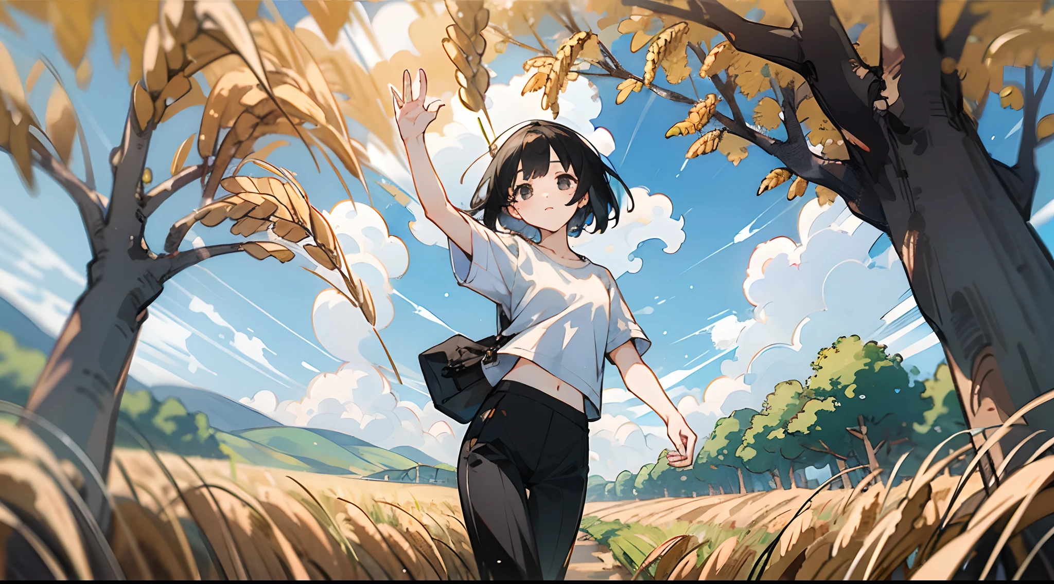 a girl， (ultra resolution 8k),wave her hand，wheat field，Wearing a white shirt and black Pants，white shoes，Best possible quality，(prospect),tree