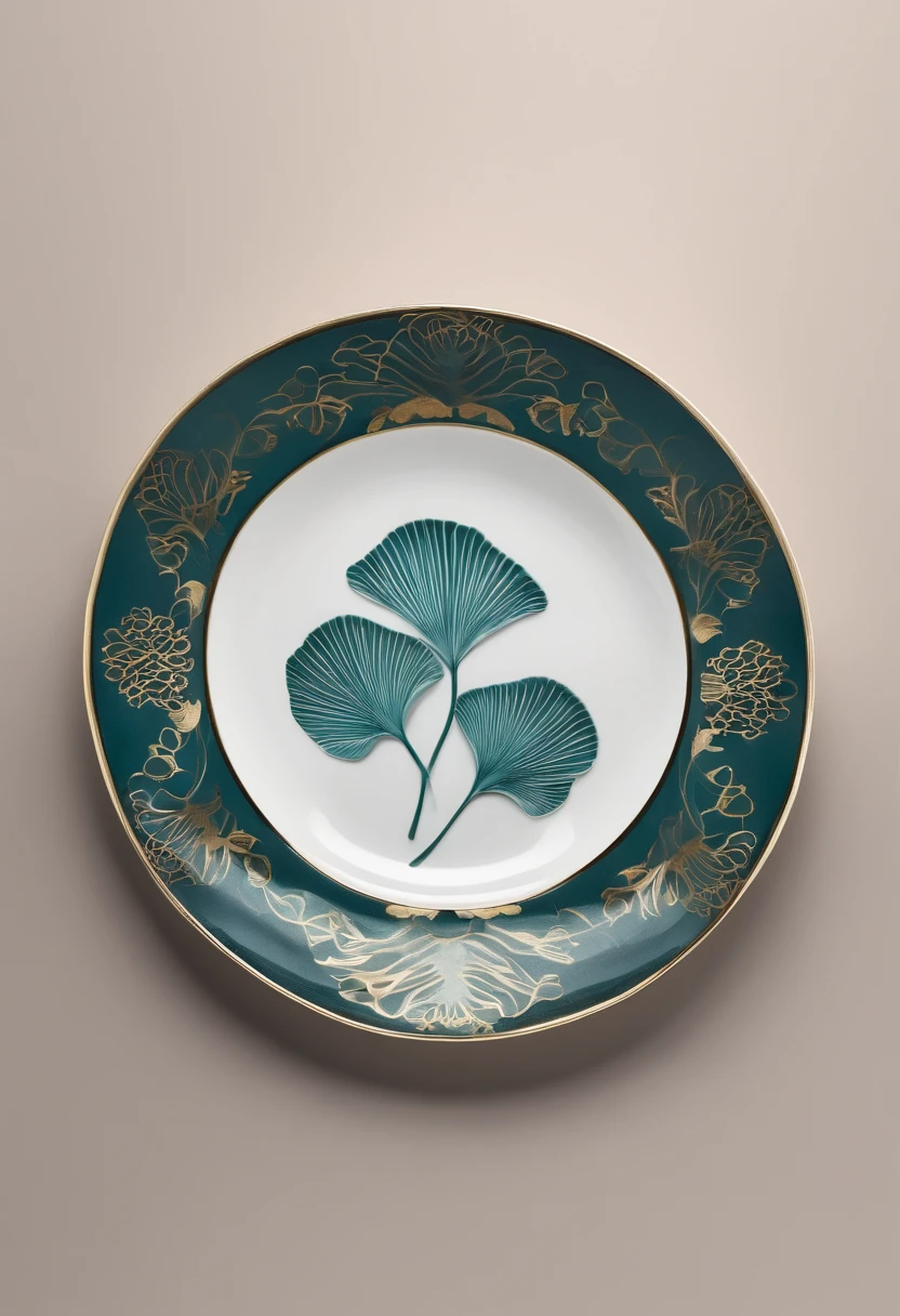 There is a cup,Ginkgo biloba chart,Bone china plate design artwork,Modern artwork,top views,Best results,artwork of a,best qualtiy,8K,。.。.3D,Color decoration,top Quority,the detail,