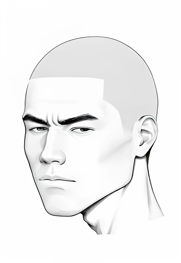 Crea una imagen con un fondo completamente blanco y una silueta simplificada de la cabeza de un hombre, pelo muy corto, Make sure that the silhouette is an outline drawing without color fill and that the inside of the silhouette is also empty in white...