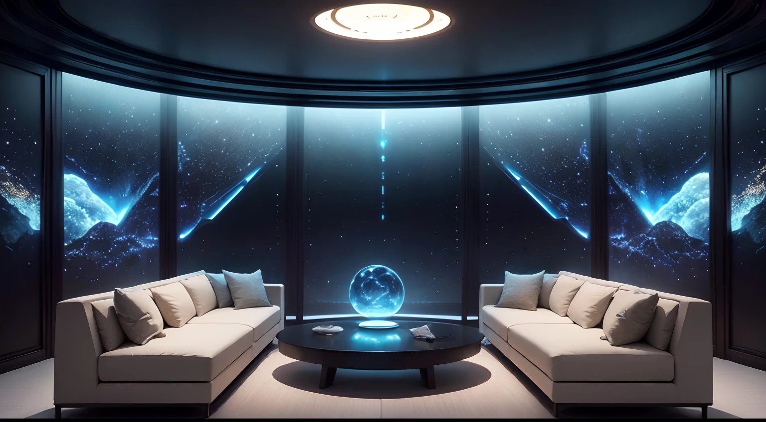 The living room is a private chat space inhabited by aliens，Full of mystery and sci-fi elements。The walls are made of translucent material，Through the walls, You can see the starry sky and cosmic scenes outside。The furniture is beautiful，Very simple，heavy diverse colors，Complements the aliens' sense of technology。