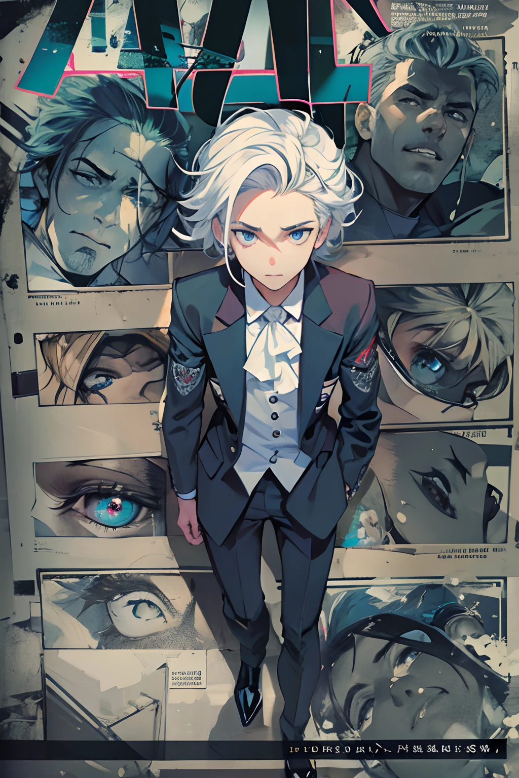 (masuter piece,Best Quality,Ultra-detailed), (A detailed face),Gojo Gojo,Adult men who have retained their boyhood,Solo, white hair, Blue eyes, black suits,(in bad: 1.2), Looking at the viewer, (interview: 1.3), From above, sharp contrast, Beautiful detailed eyes, Close Up Shot,magazine title,Mafioso