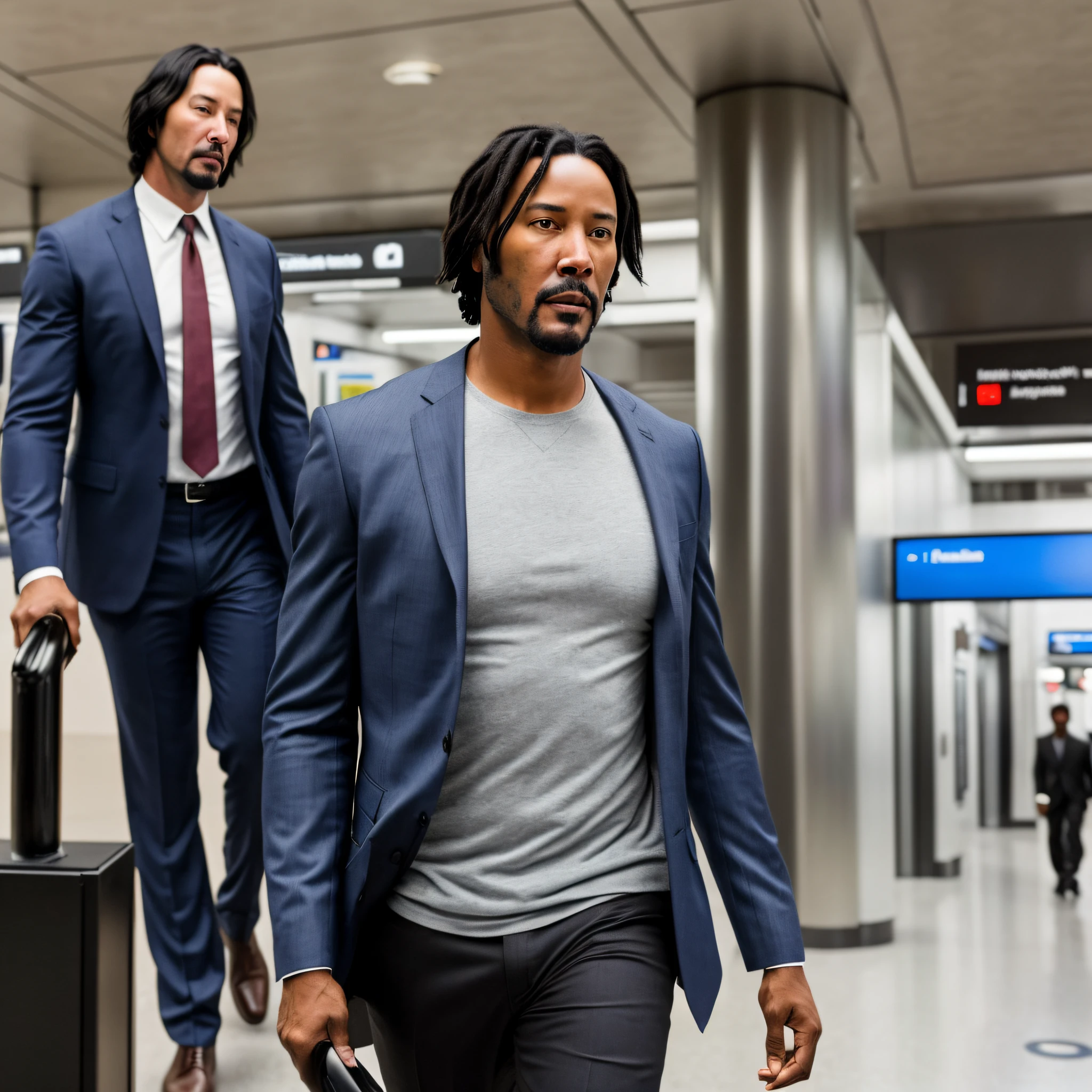 An African-American man in his 30s looks a lot like Keanu Reeves with brown skin, Short Hair Hair, Expressive blue eyes, walks along the gallery of the metro station, Feature photo, Maximum realism, Professional photo, hiquality, hight resolution, higly detailed
