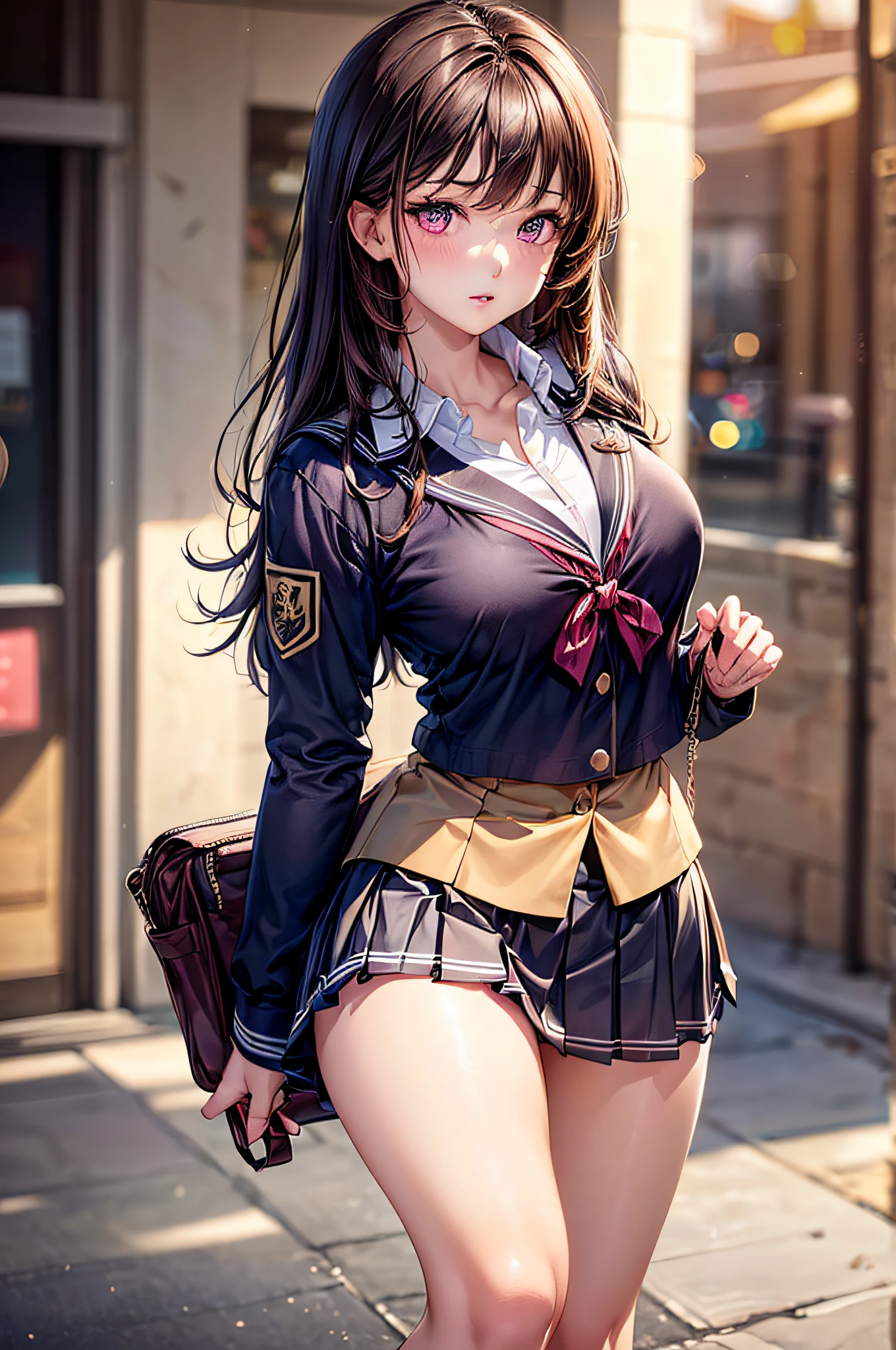 ((1girl in)), (Twin-tailed), Brown hair, Amazing face and eyes, Pink eyes, (amazingly beautiful girl), Brown hair, (High School Uniform, Pleated mini-skirt:1.5), ((Best Quality)), (Ultra-detailed), (extremely detailed CG unified 8k wallpaper), Highly detailed, High-definition raw color photos, Professional Photography, (((Bokeh))), depth of fields,