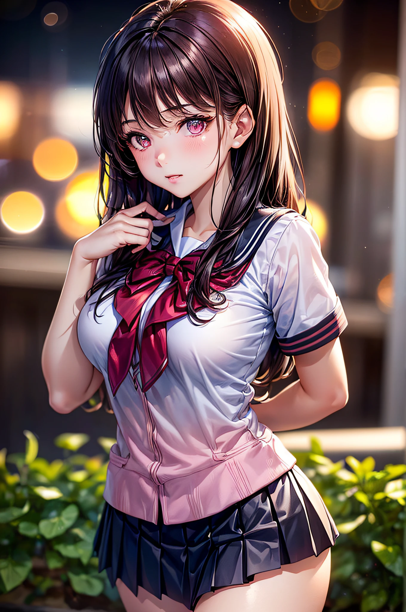 ((1girl in)), (Twin-tailed), Brown hair, Amazing face and eyes, Pink eyes, (amazingly beautiful girl), Brown hair, (High School Uniform, Pleated mini-skirt:1.5), ((Best Quality)), (Ultra-detailed), (extremely detailed CG unified 8k wallpaper), Highly detailed, High-definition raw color photos, Professional Photography, (((Bokeh))), depth of fields,