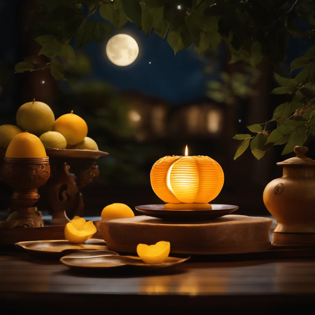 Mid-Autumn Festival, A round moon, the night, (Moon cake), teas, the fruits, edgBunny, Chang'e rushes to the moon, symmetry, high detail, Romanticism, sparkle, god rays, ray tracing, UHD, retina, masterpiece, ccurate, super detail, high details, high quality, best quality, highres, 16k, anatomically correct