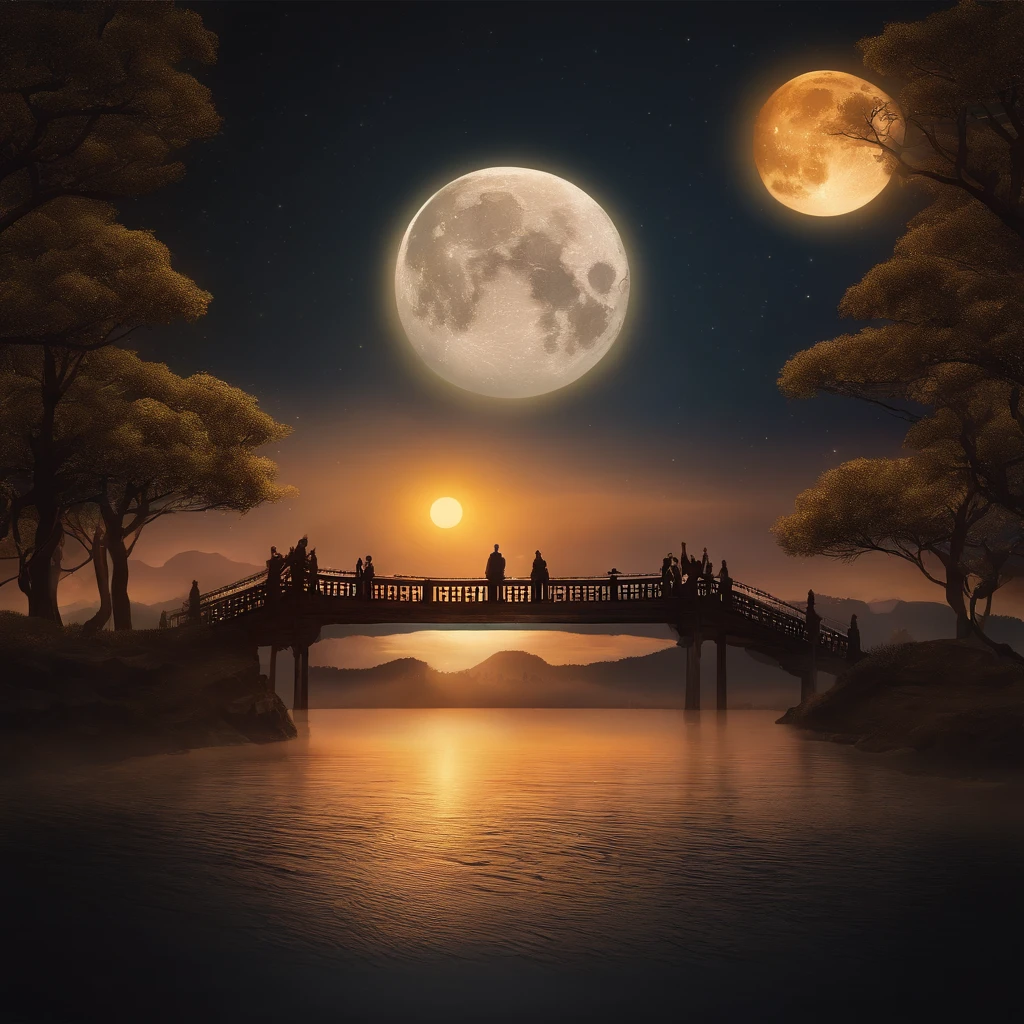 Mid-Autumn Festival, A round moon, the night, (Moon cake), teas, the fruits, edgBunny, Chang'e rushes to the moon, symmetry, high detail, Romanticism, sparkle, god rays, ray tracing, UHD, retina, masterpiece, ccurate, super detail, high details, high quality, best quality, highres, 16k, anatomically correct