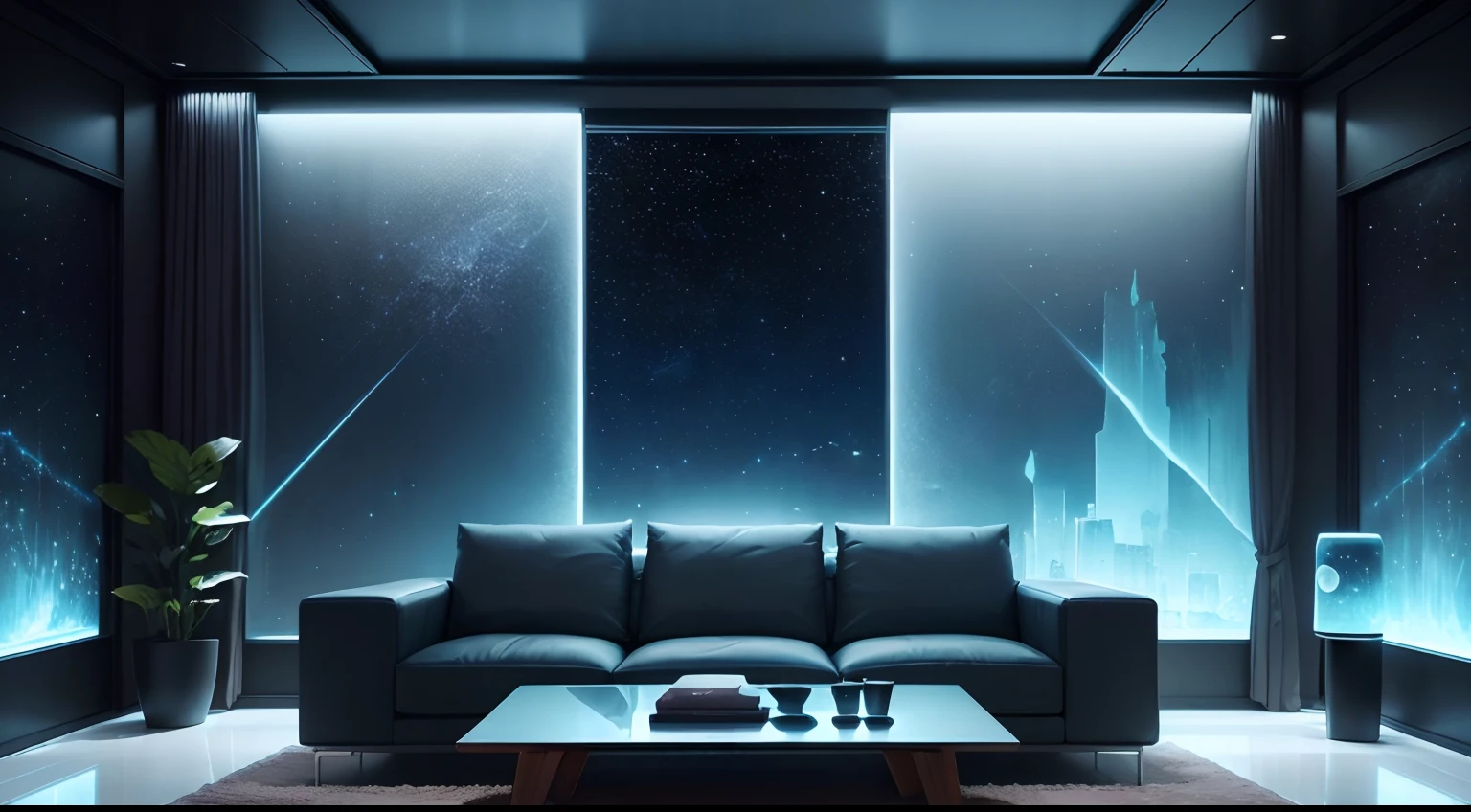 The living room is a private chat space inhabited by aliens,Full of mystery and sci-fi elements。The walls are made of translucent material,Through the walls, You can see the starry sky and cosmic scenes outside。The furniture is beautiful,very simple,heavy diverse colors,Complements the aliens' sense of technology。