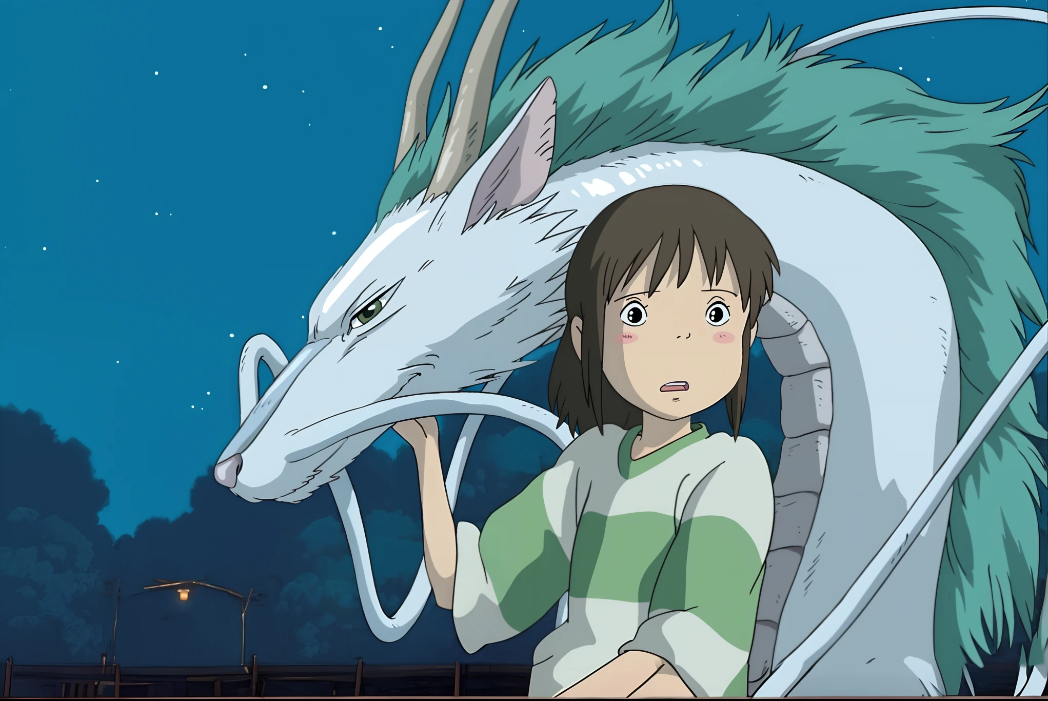 Girl, brown hair with pony tail, white t-shirt with green stripe, white dragon