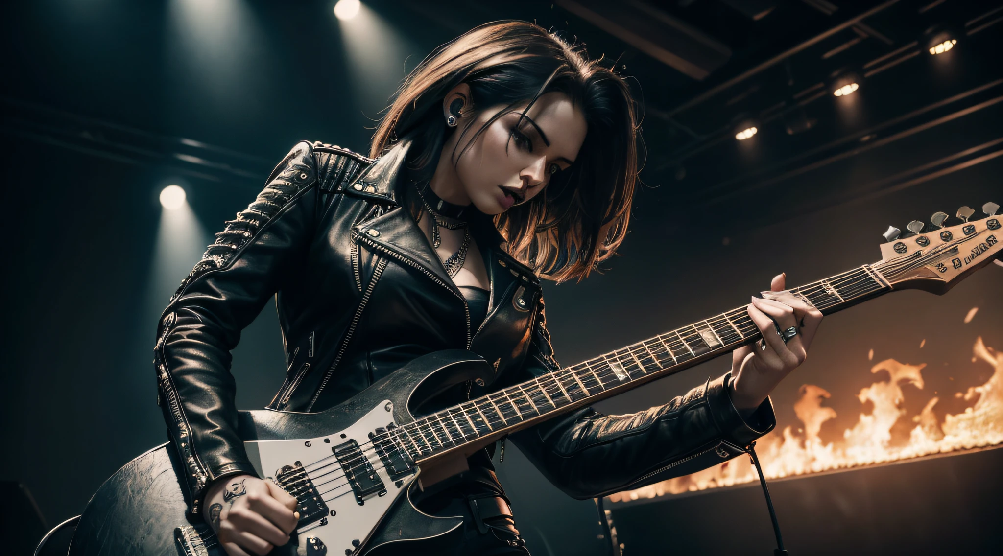 (Masterpiece:1.3, Best quality, Photorealistic, Ultra-detailed, finely detailed, high resolution, 8K wallpaper) Heavy metal, biker chick with chains and spikes, ferocious expression, powerful female rock star, black leather, dressed in black leather jacket and torn jeans, dark eyeliner and black lipstick, heavy music, fierce woman, standing tall, epic guitar solo, guitar on fire, woman solo electric guitar, female guitarist of metal, woman playing the guitar, electric guitar made of metal, flames on stage, female rocker playing a concert,