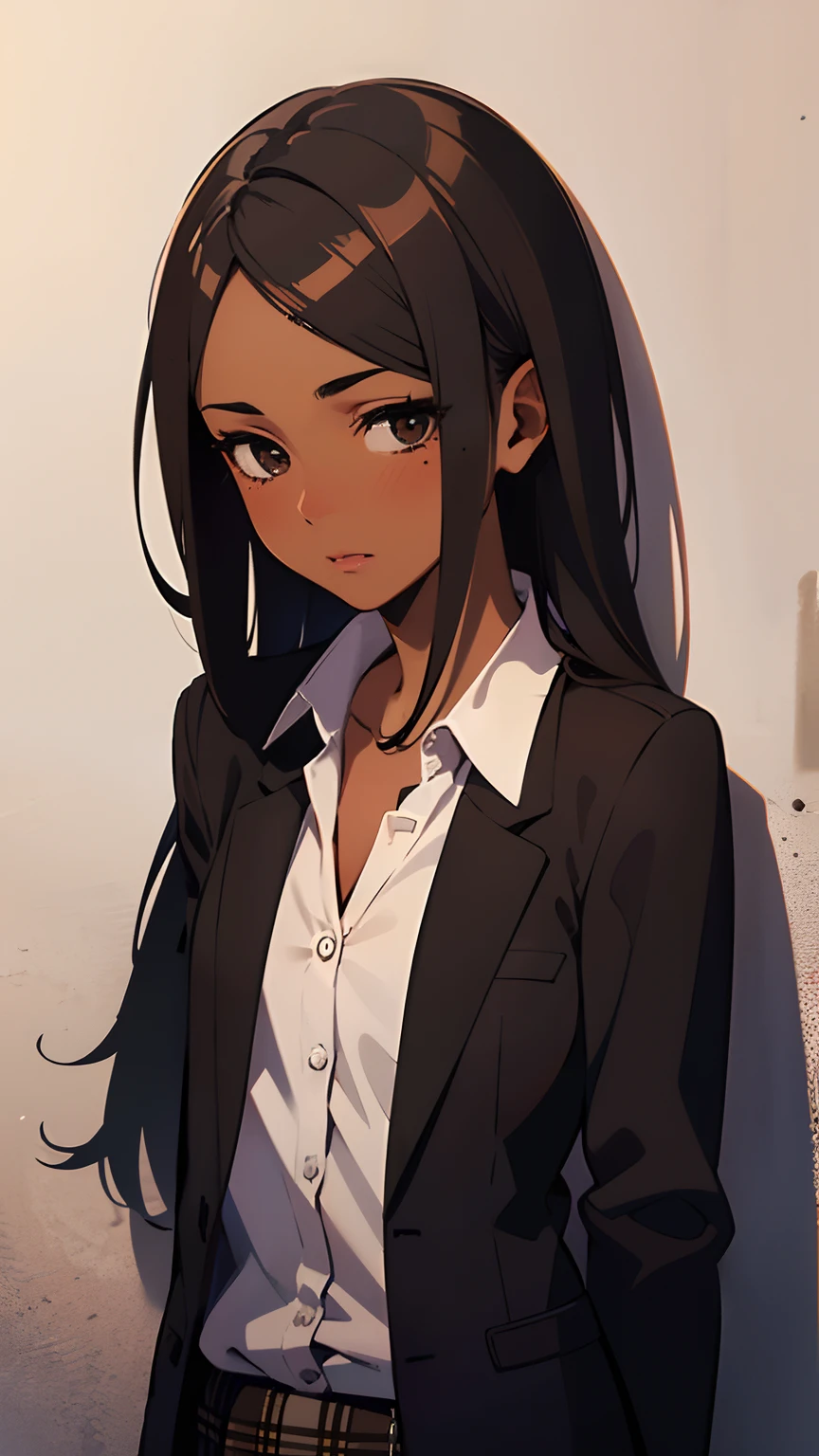 1 girl, (dark brown skin:1.4), long hair, black eyes colour, mole down the right eye, School girl outfit, blushing, embarrassed, (high quality, masterpiece, extremely detailed:1.2), (small chest:1.2), (Realistic, photorealistic, realistic shadows:1.2)