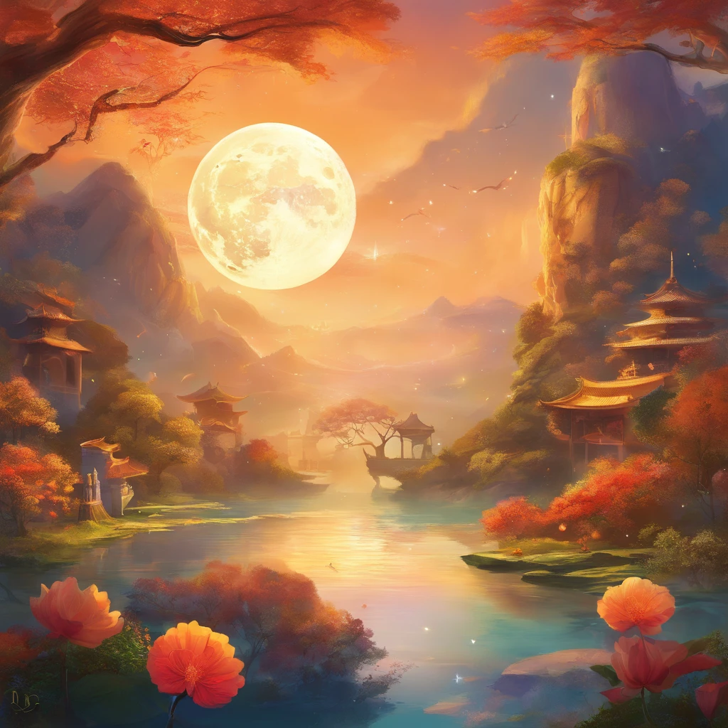 Mid-Autumn Festival, A round moon, the night, (Moon cake), teas, the fruits, edgBunny, Chang'e rushes to the moon, symmetry, high detail, Romanticism, sparkle, god rays, ray tracing, UHD, retina, masterpiece, ccurate, super detail, high details, high quality, best quality, highres, 16k, anatomically correct