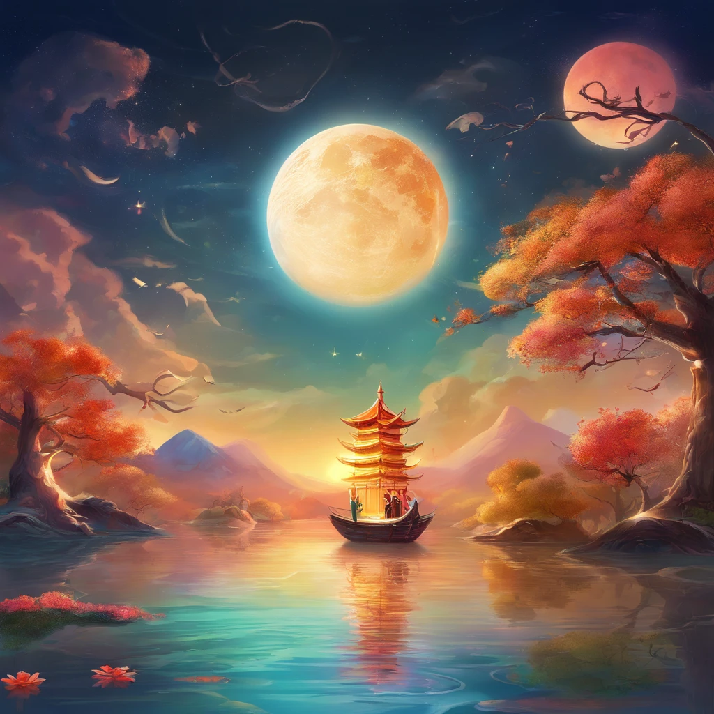 Mid-Autumn Festival, A round moon, the night, （Moon cake）, teas, the fruits, edgBunny, Chang'e rushes to the moon, symmetry, high detail, Romanticism, sparkle, god rays, ray tracing, UHD, retina, masterpiece, ccurate, super detail, high details, high quality, best quality, highres, 16k, anatomically correct