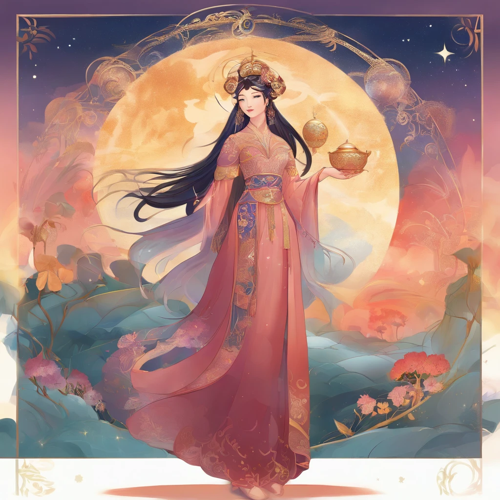 Mid-Autumn Festival, A round moon, the night, （Moon cake）, teas, the fruits, edgBunny, Chang'e rushes to the moon, symmetry, high detail, Romanticism, sparkle, god rays, ray tracing, UHD, retina, masterpiece, ccurate, super detail, high details, high quality, best quality, highres, 16k, anatomically correct