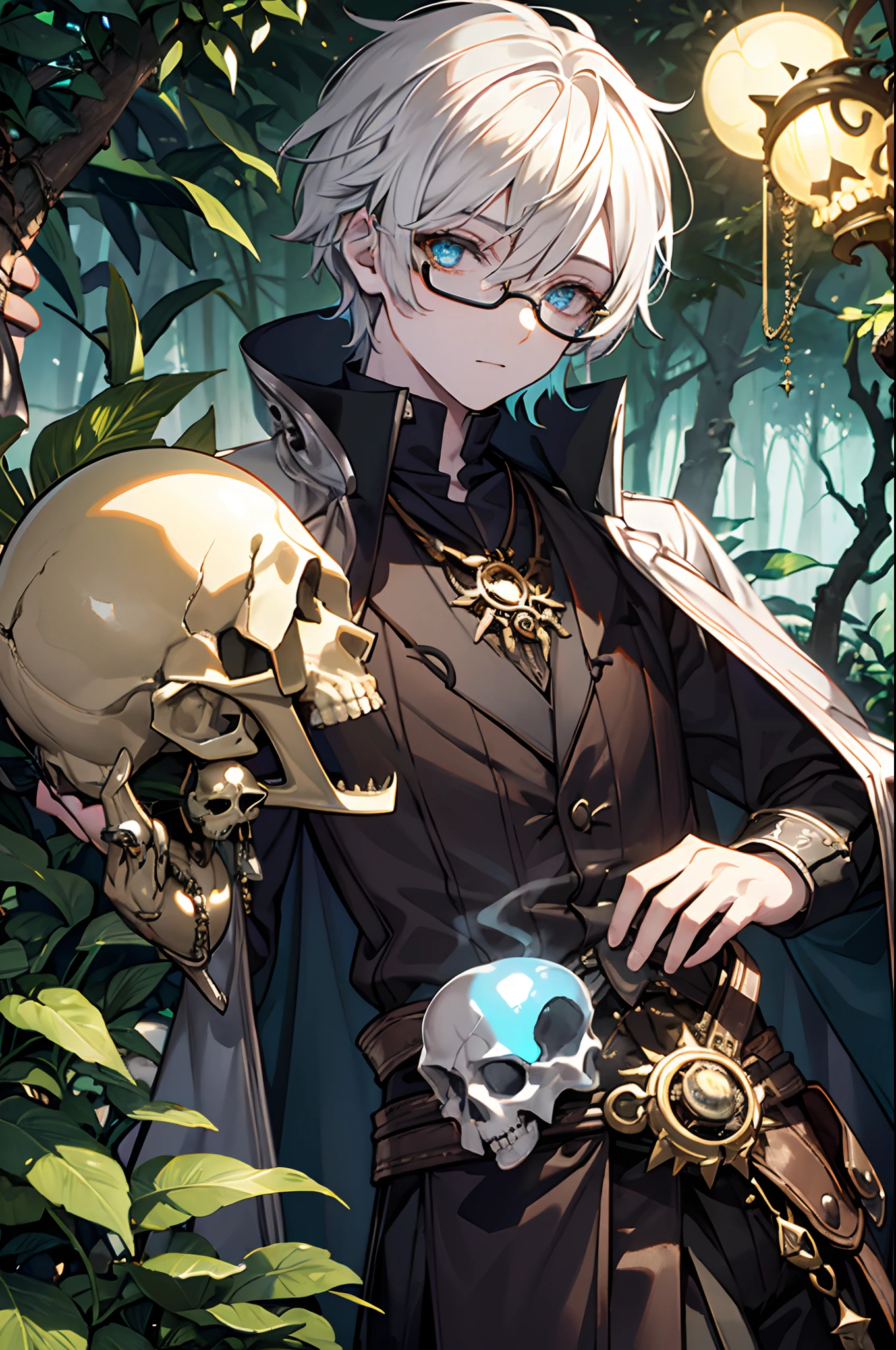 twinks　male people　eye glass　Remains of the rainforest　The scholar 　jungles　Skull lamp　glimmering light　steampunc　​masterpiece　Top image quality　Darken shading(light)　Clear　cinematic shadow　Increased attractiveness of the eyes　{Perfect face} 　Clear the shine of the eyes　Draw eyelashes neatly