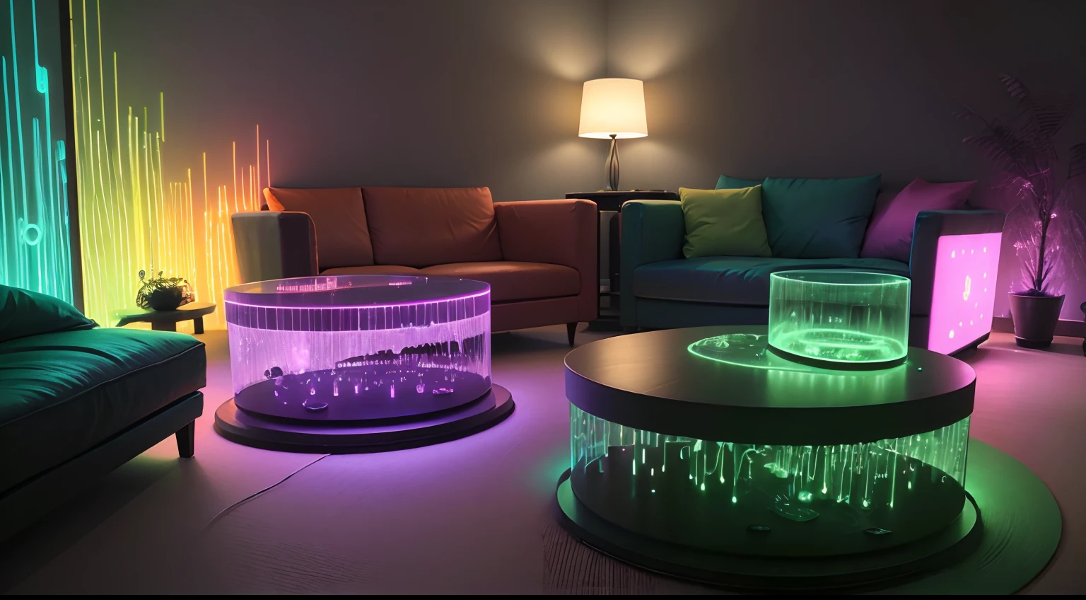The living room is made with bioluminescence technology, Both walls and furniture emit beautiful bioluminescence。The walls are covered with glowing algae and bacterial petri dishes,Exudes dreamy colors。The surface of the furniture is also covered with luminous materials and sensors,It emits interactive light and shadow effects based on how close a person is。