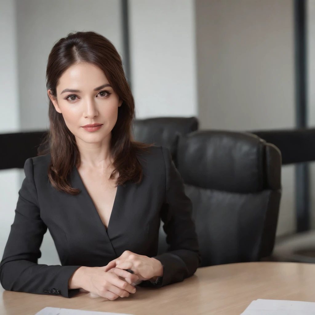 A fair-skinned woman in her 40s with a slim figure and round black eyes, dressed in an office uniform, expertly folding files, exuding an alluring gaze. Her luscious brunette hair falls gracefully around her face. The white background enhances her features and brings focus to her round face.