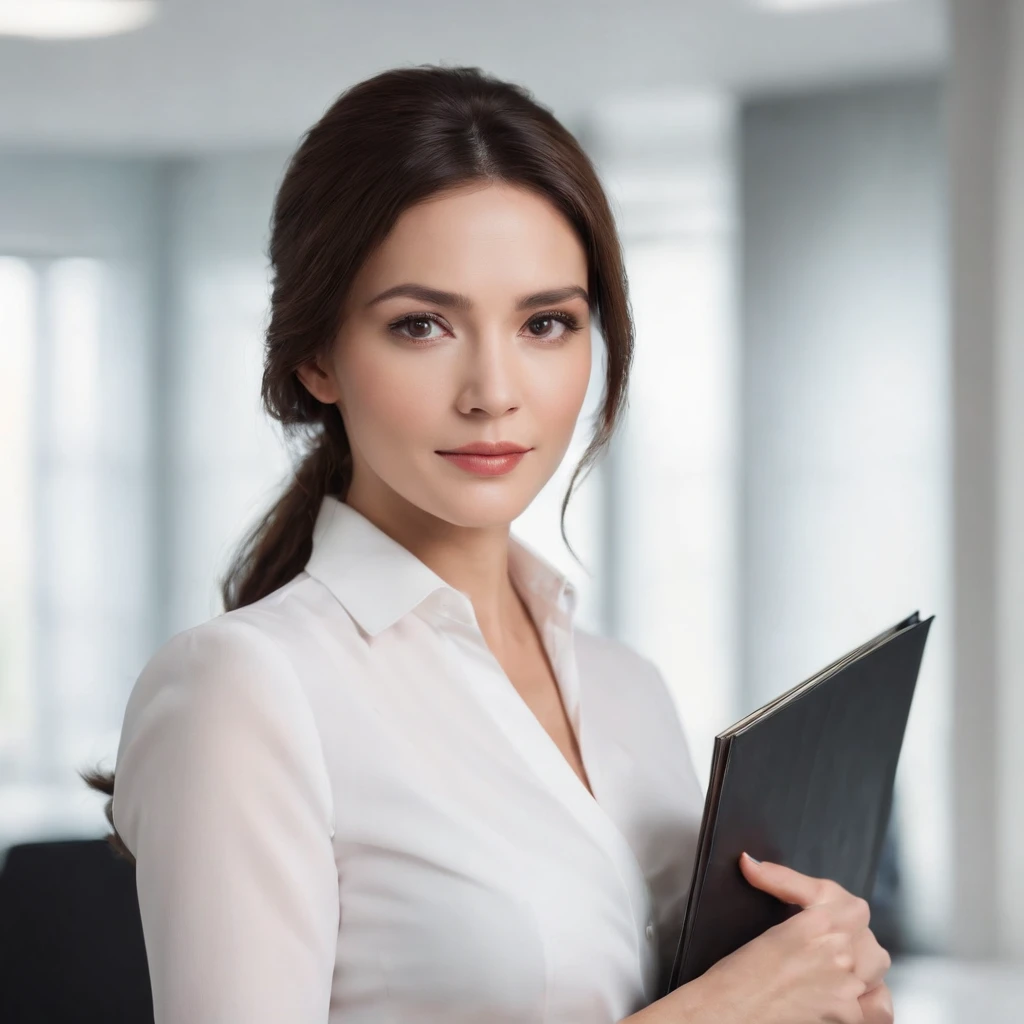 A fair-skinned woman in her 40s with a slim figure and round black eyes, dressed in an office uniform, expertly folding files, exuding an alluring gaze. Her luscious brunette hair falls gracefully around her face. The white background enhances her features and brings focus to her round face.