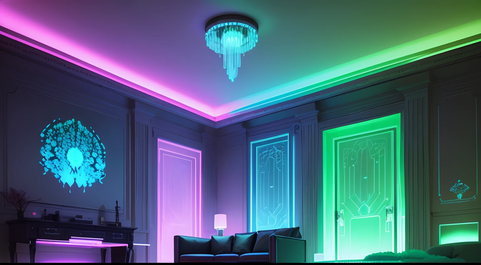 The living room is made with bioluminescence technology, Both walls and furniture emit beautiful bioluminescence。The walls are covered with glowing algae and bacterial petri dishes,Exudes dreamy colors。The surface of the furniture is also covered with luminous materials and sensors,It emits interactive light and shadow effects based on how close a person is。