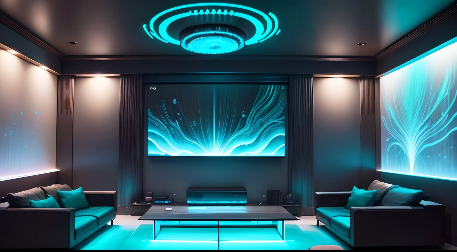 The living room is made with bioluminescence technology, Both walls and furniture emit beautiful bioluminescence。The walls are covered with glowing algae and bacterial petri dishes,Exudes dreamy colors。The surface of the furniture is also covered with luminous materials and sensors,It emits interactive light and shadow effects based on how close a person is。