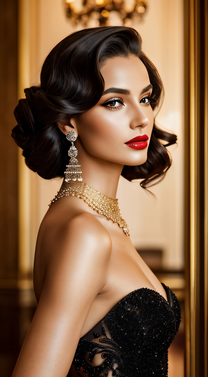 A stunning fashion photograph featuring a sophisticated woman. She wears an elegant black evening gown, complemented by intricate diamond jewelry. Her hair is styled in glamorous waves, framing her flawless face with striking red lipstick. The backdrop is a luxurious ballroom, filled with soft golden lighting and hints of reflections from shimmering chandeliers. Capture the essence of grace, sophistication, and timeless beauty in this hyperrealistic portrait.